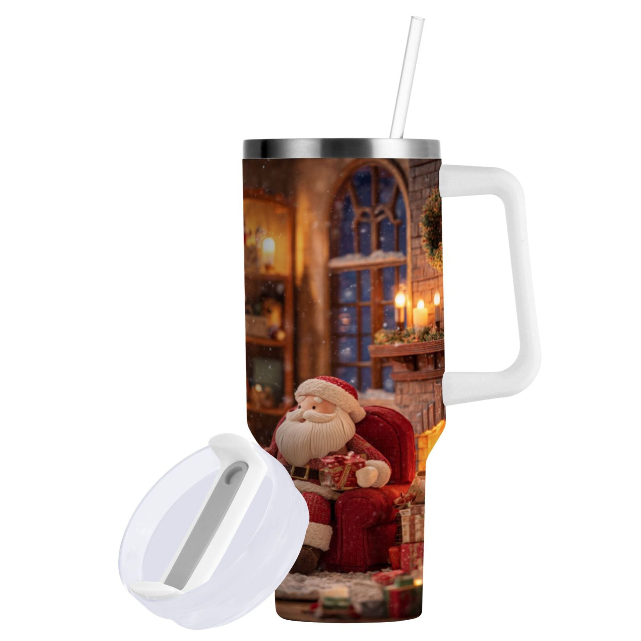 40 oz Insulated Stainless Steel Tumbler Double Wall Stainless Steel Tumbler with 2-Way Drinking Sitting Santa Claus