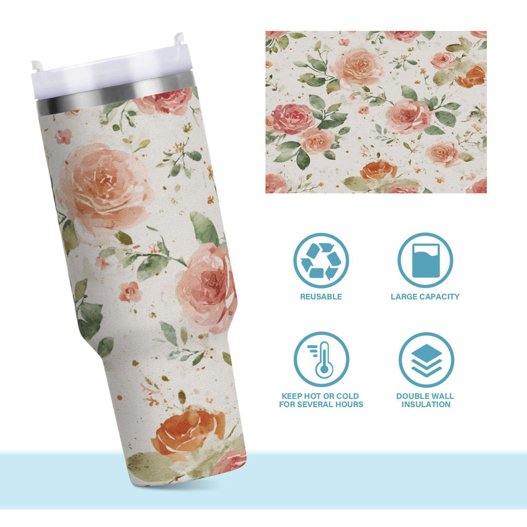 40 oz Insulated Stainless Steel Tumbler Double Wall Stainless Steel Tumbler with 2-Way Drinking Watercolor Rose Floral Pattern