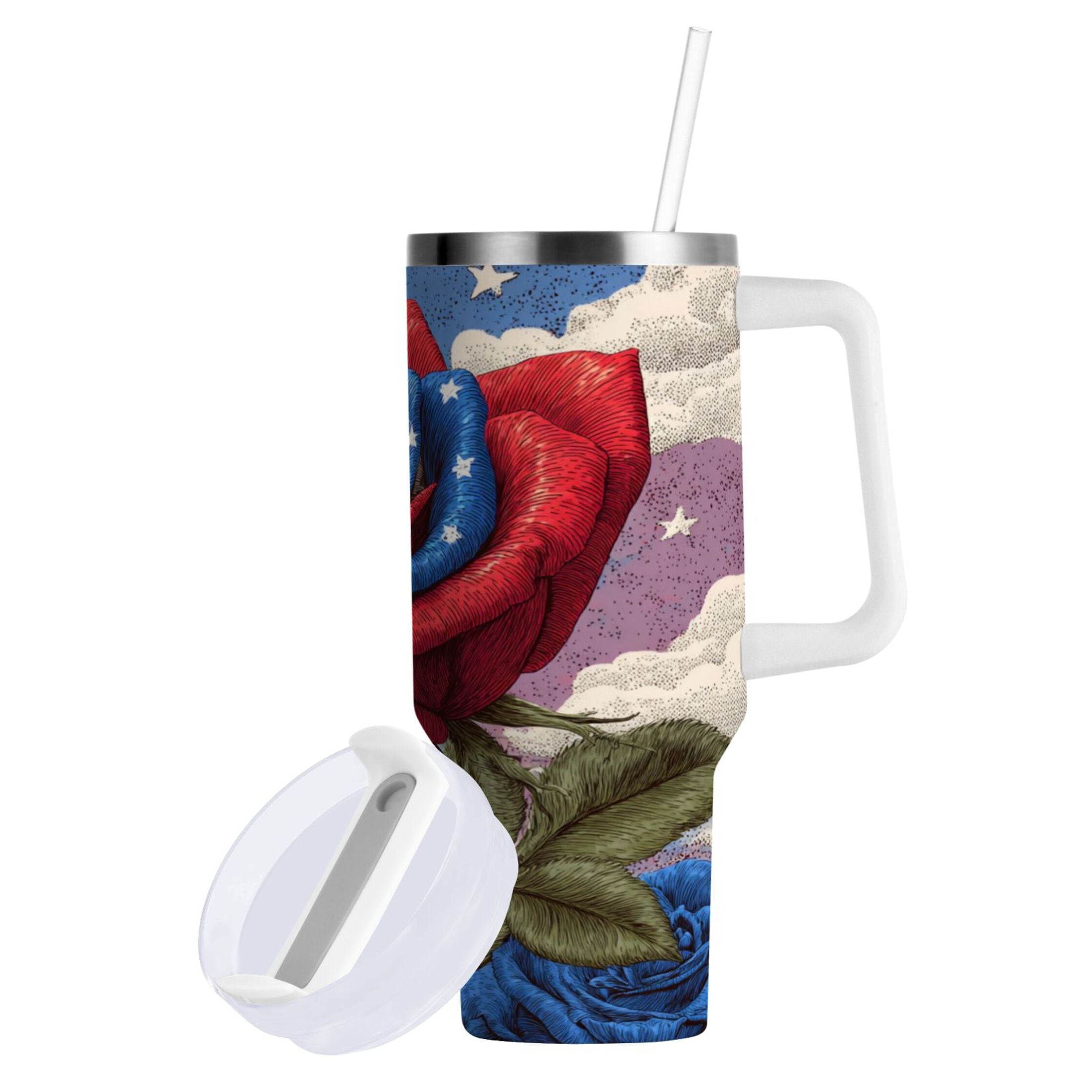 40 oz Insulated Stainless Steel Tumbler Double Wall Stainless Steel Tumbler with 2-Way Drinking Roses and Clouds