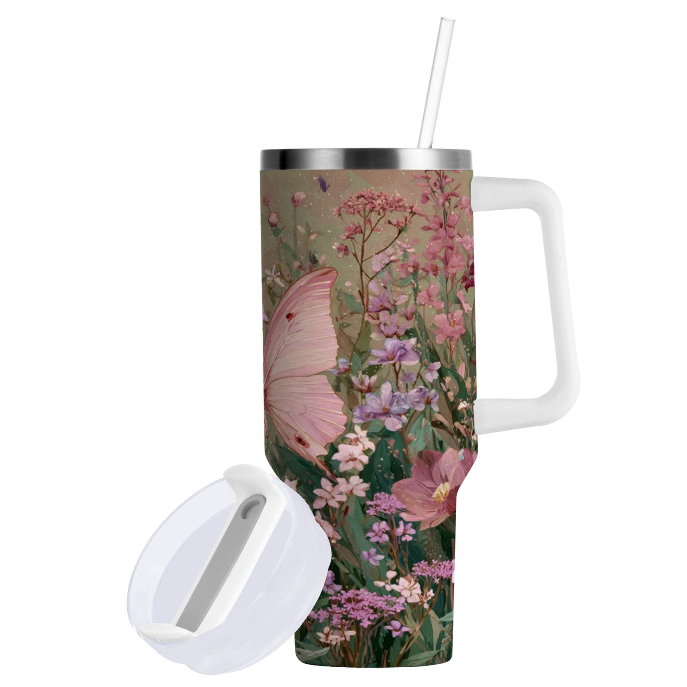 30 oz Insulated Stainless Steel Tumbler Double Wall Stainless Steel Tumbler with 2-Way Drinking Delicate Butterfly