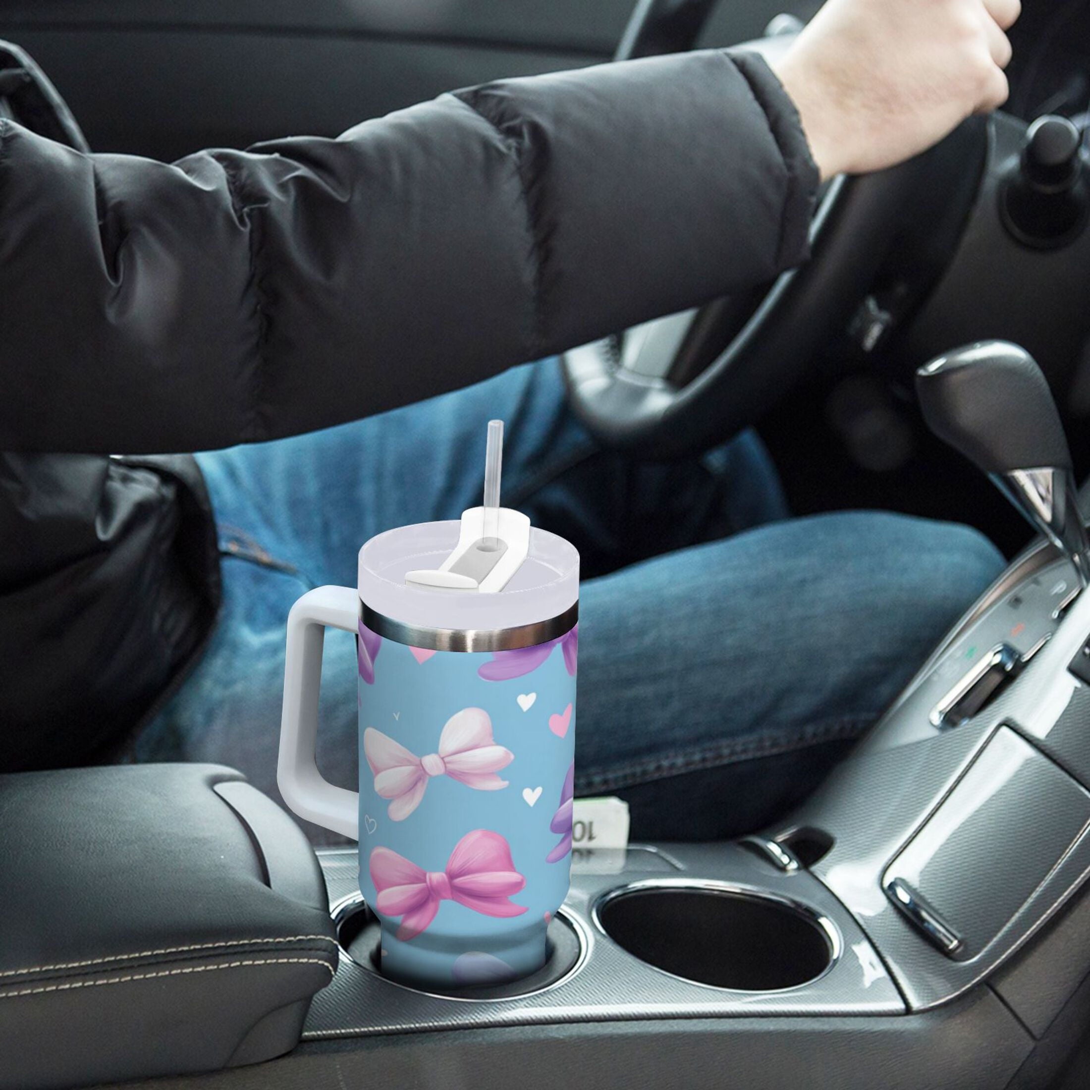 30 oz Insulated Stainless Steel Tumbler Double Wall Stainless Steel Tumbler with 2-Way Drinking Pink and Purple Bows