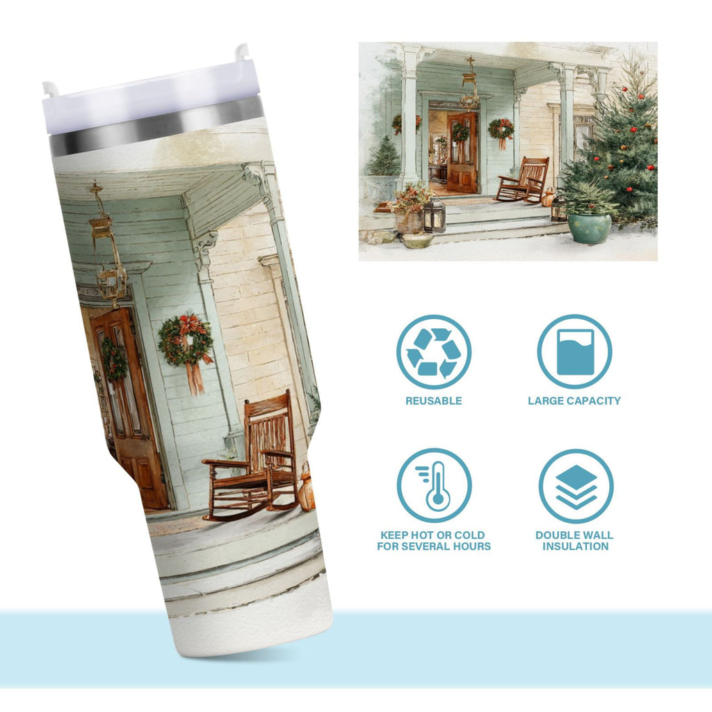 30 oz Insulated Stainless Steel Tumbler Double Wall Stainless Steel Tumbler with 2-Way Drinking Charming Christmas Doorway