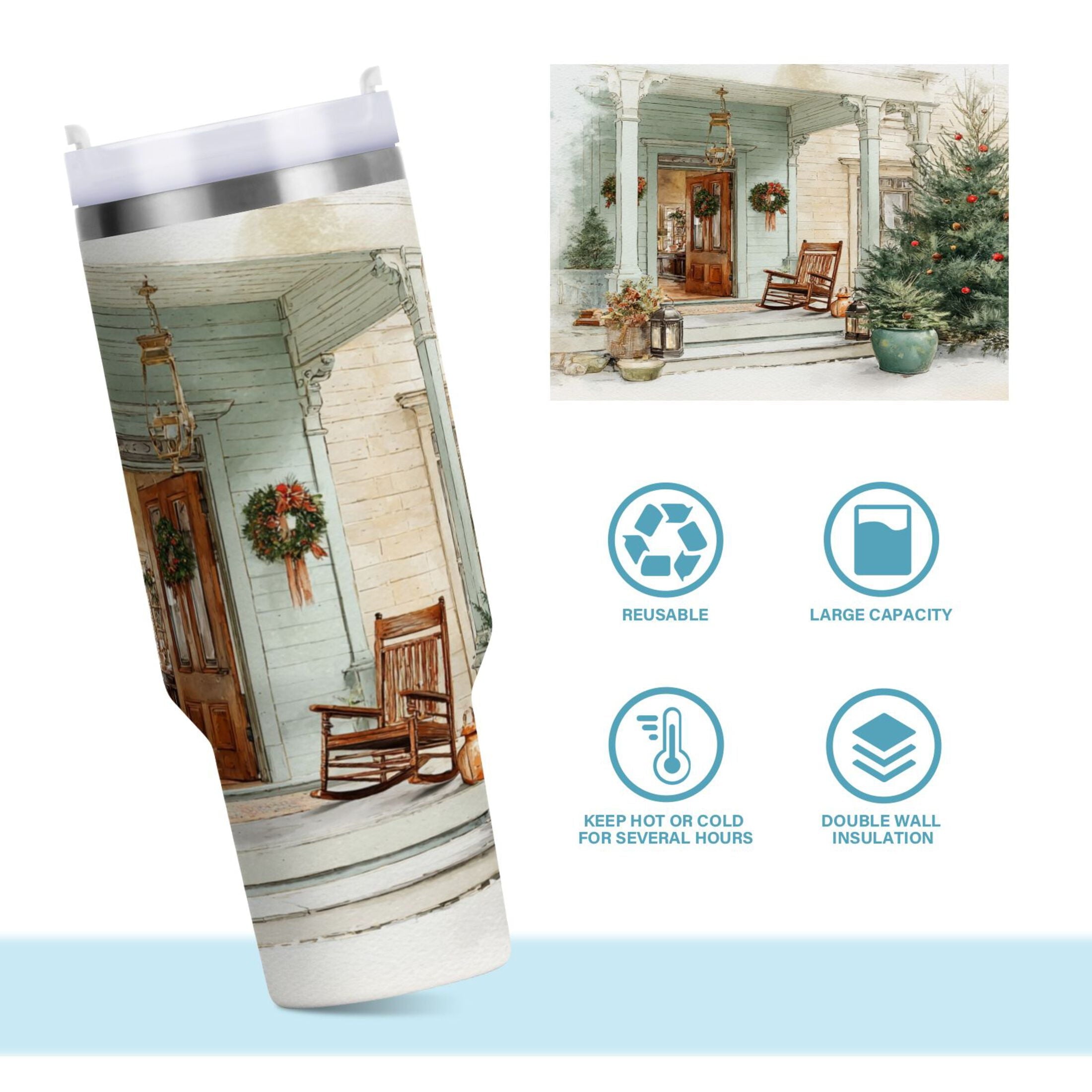 30 oz Insulated Stainless Steel Tumbler Double Wall Stainless Steel Tumbler with 2-Way Drinking Charming Christmas Doorway