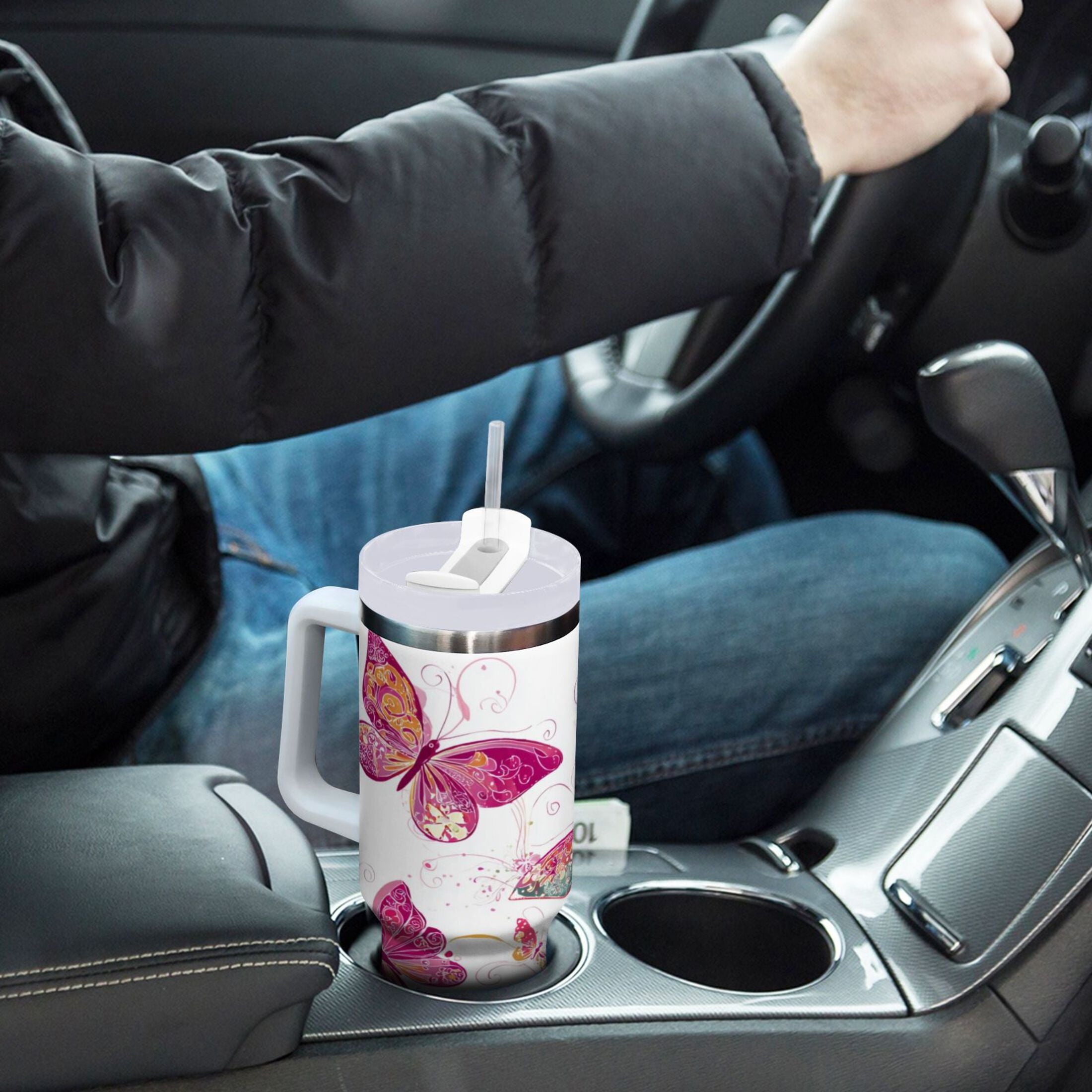 30 oz Insulated Stainless Steel Tumbler Double Wall Stainless Steel Tumbler with 2-Way Drinking Colorful Butterflies