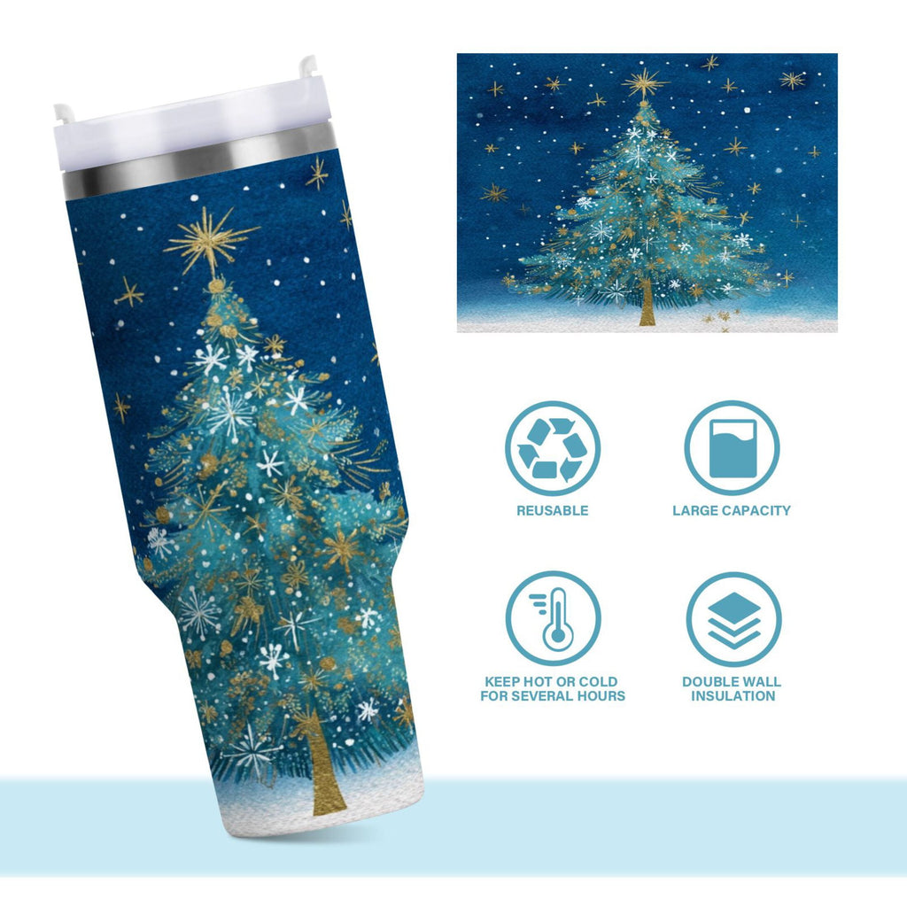 40 oz Insulated Stainless Steel Tumbler Double Wall Stainless Steel Tumbler with 2-Way Drinking Watercolor Christmas Tree