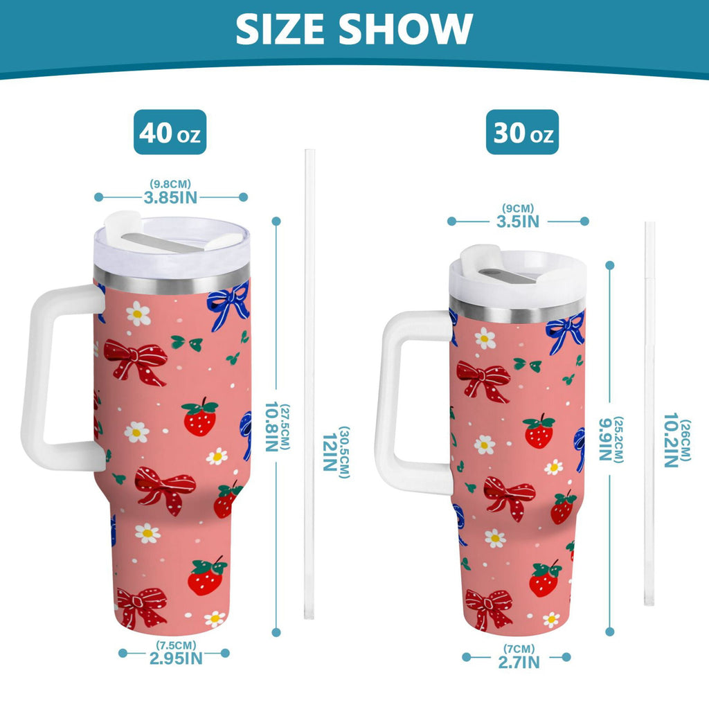 40 oz Insulated Stainless Steel Tumbler Double Wall Stainless Steel Tumbler with 2-Way Drinking Bows and Strawberries Pattern