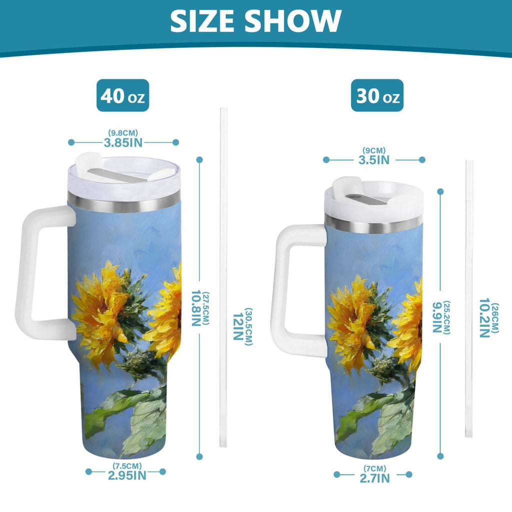 40 oz Insulated Stainless Steel Tumbler Double Wall Stainless Steel Tumbler with 2-Way Drinking Sunflowers Painting