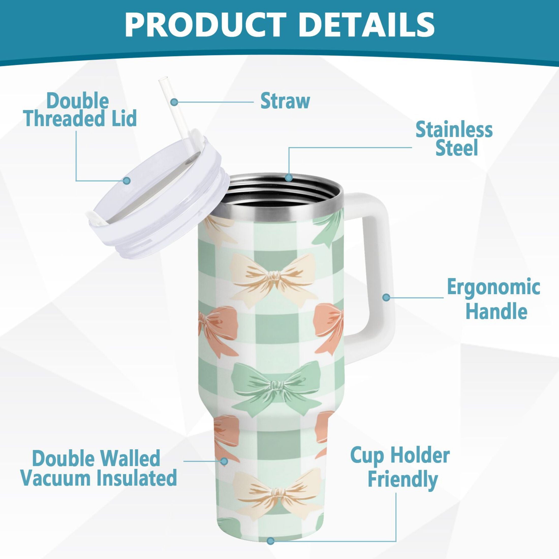 40 oz Insulated Stainless Steel Tumbler Double Wall Stainless Steel Tumbler with 2-Way Drinking Green and Peach Bow Pattern
