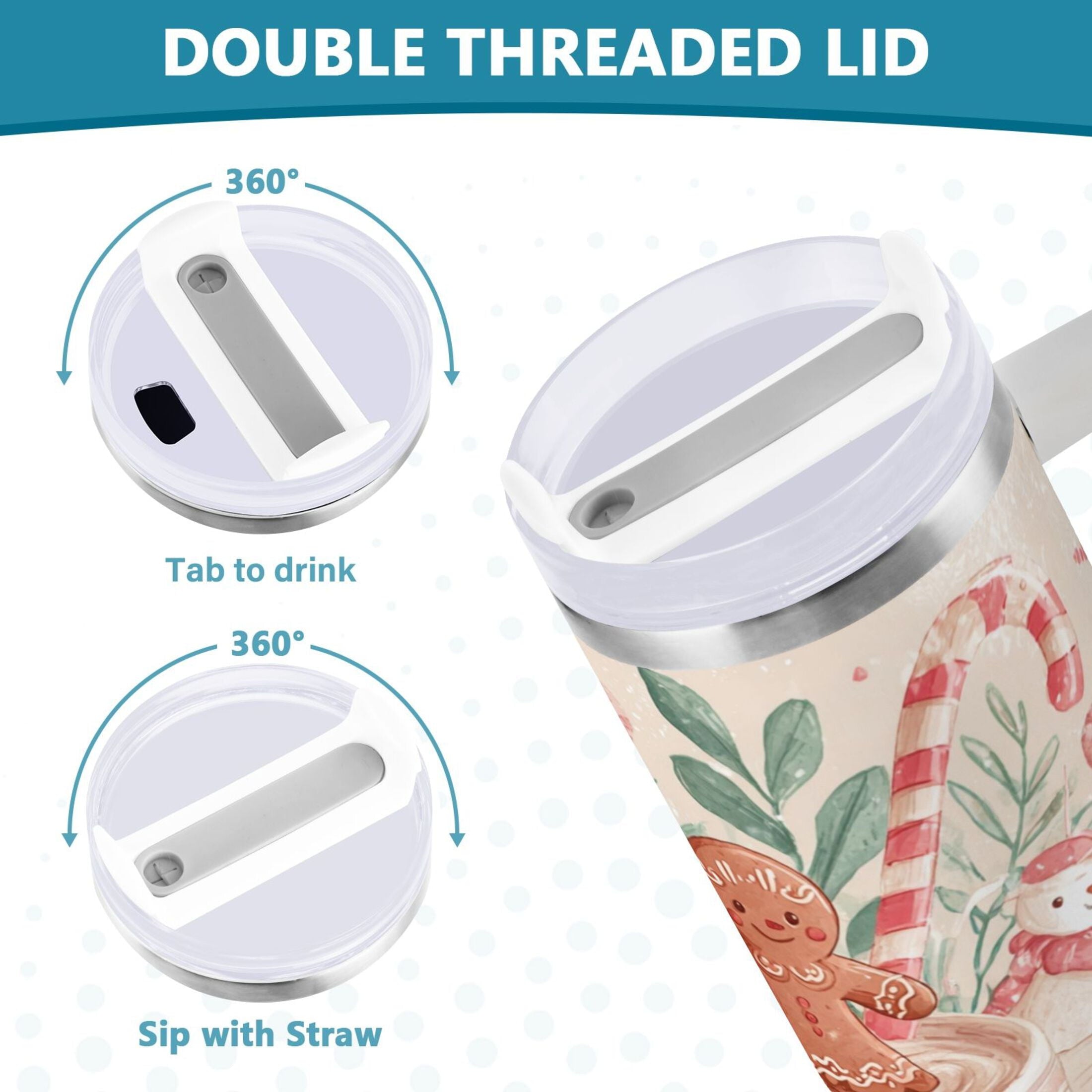 30 oz Insulated Stainless Steel Tumbler Double Wall Stainless Steel Tumbler with 2-Way Drinking Cute Christmas Design