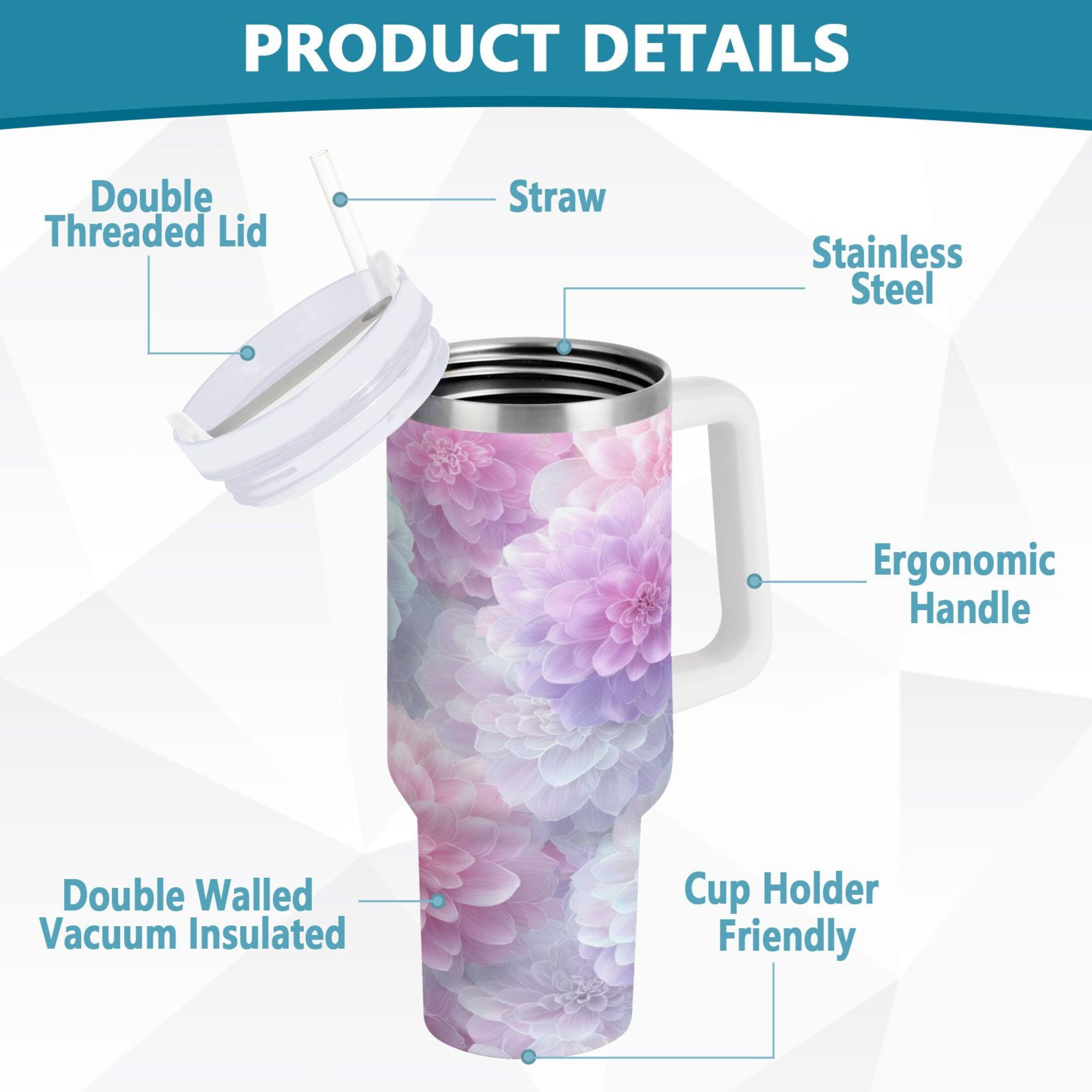 30 oz Insulated Stainless Steel Tumbler Double Wall Stainless Steel Tumbler with 2-Way Drinking Cute Pastel Watercolor Floral