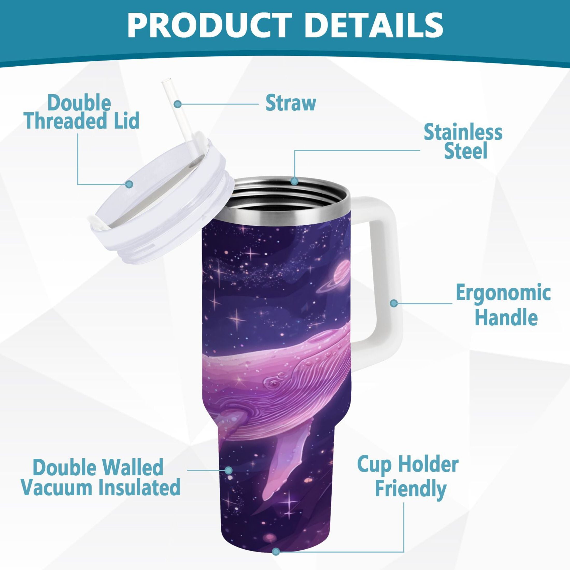 30 oz Insulated Stainless Steel Tumbler Double Wall Stainless Steel Tumbler with 2-Way Drinking Whale in Space