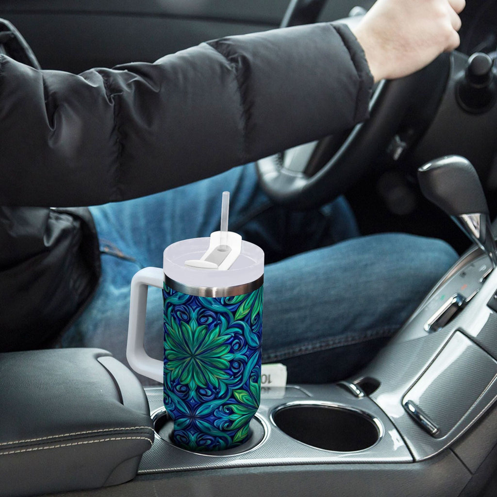 40 oz Insulated Stainless Steel Tumbler Double Wall Stainless Steel Tumbler with 2-Way Drinking Elegant Blue Traditional Patterns