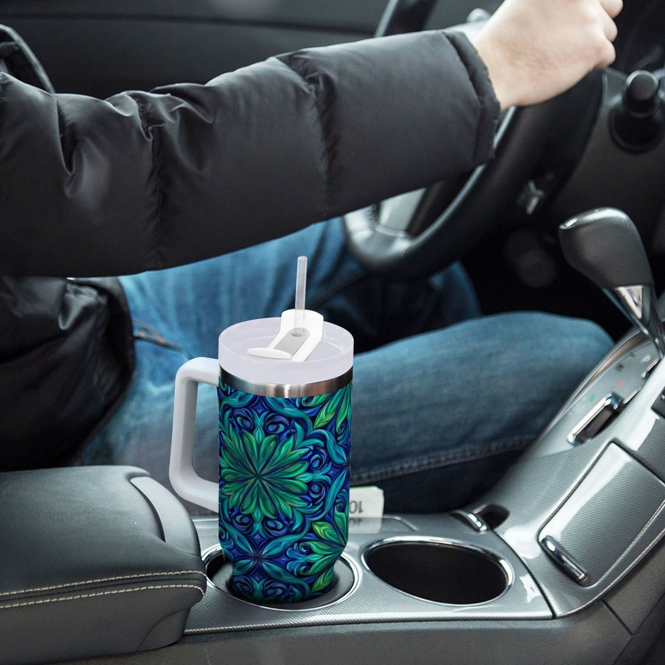 40 oz Insulated Stainless Steel Tumbler Double Wall Stainless Steel Tumbler with 2-Way Drinking Elegant Blue Traditional Patterns
