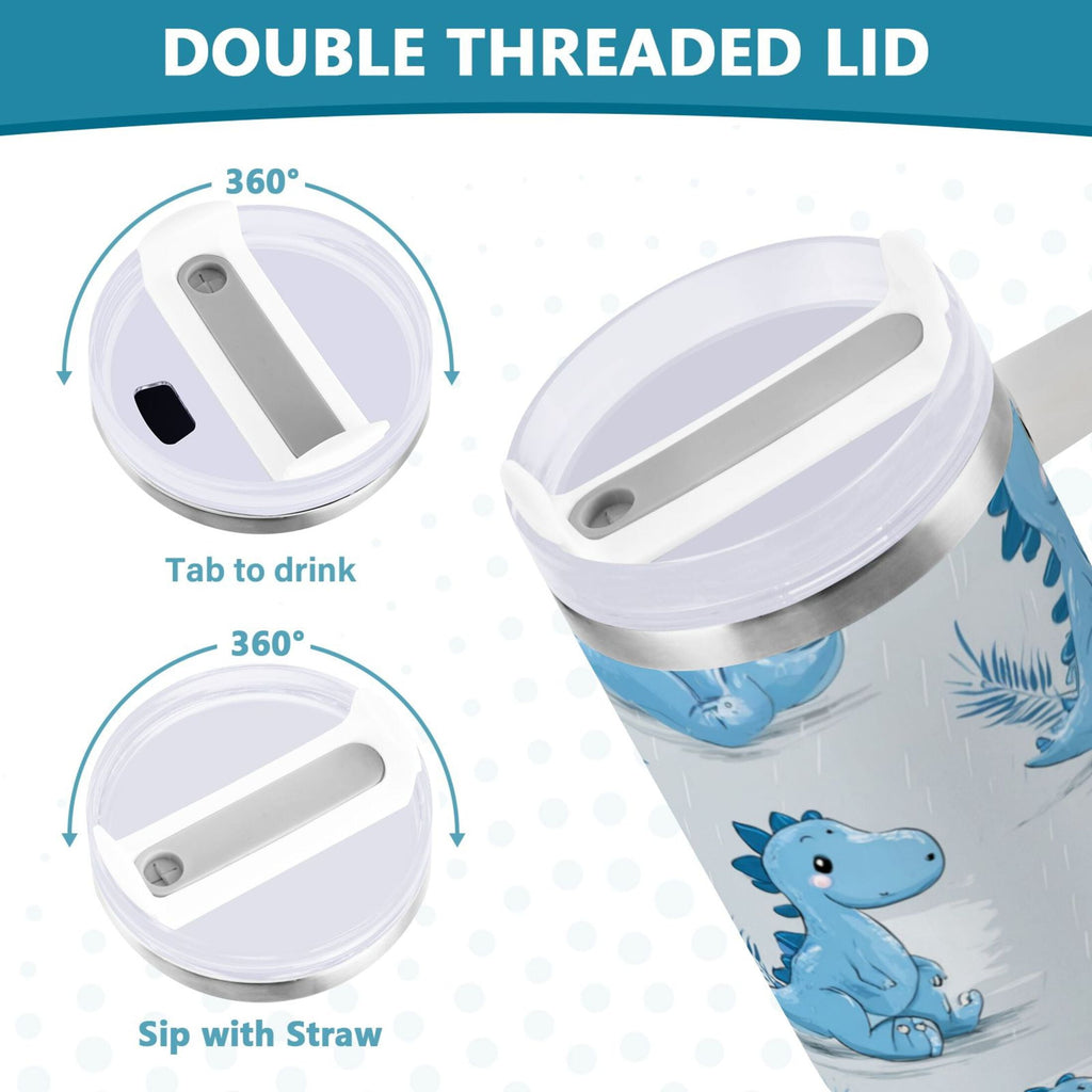30 oz Insulated Stainless Steel Tumbler Double Wall Stainless Steel Tumbler with 2-Way Drinking Cartoon Blue Dinosaurs