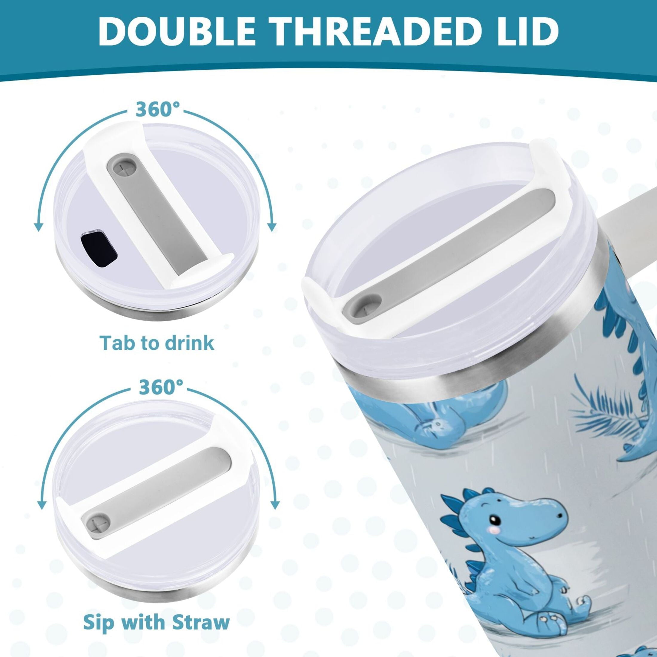 30 oz Insulated Stainless Steel Tumbler Double Wall Stainless Steel Tumbler with 2-Way Drinking Cartoon Blue Dinosaurs