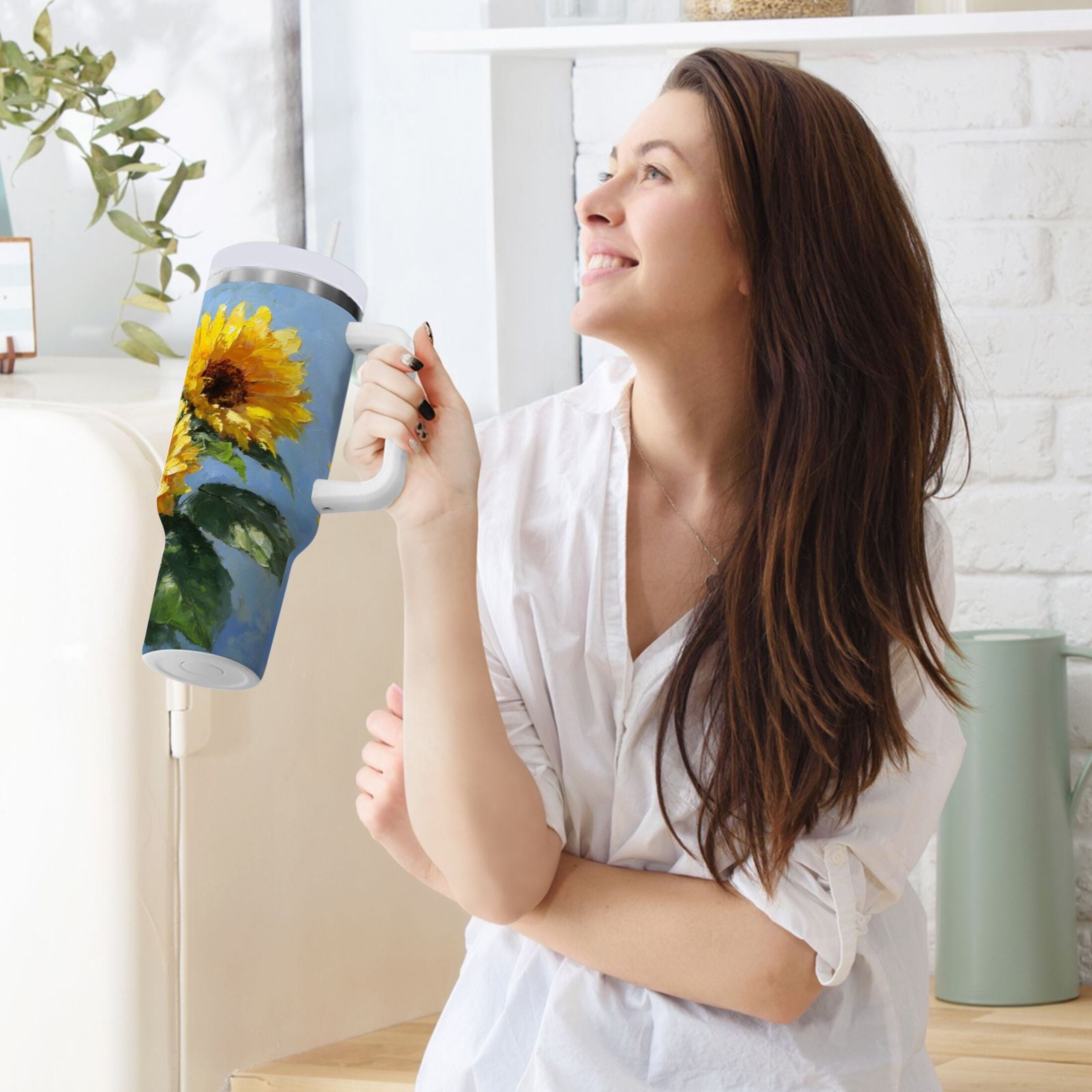 40 oz Insulated Stainless Steel Tumbler Double Wall Stainless Steel Tumbler with 2-Way Drinking Sunflowers Painting