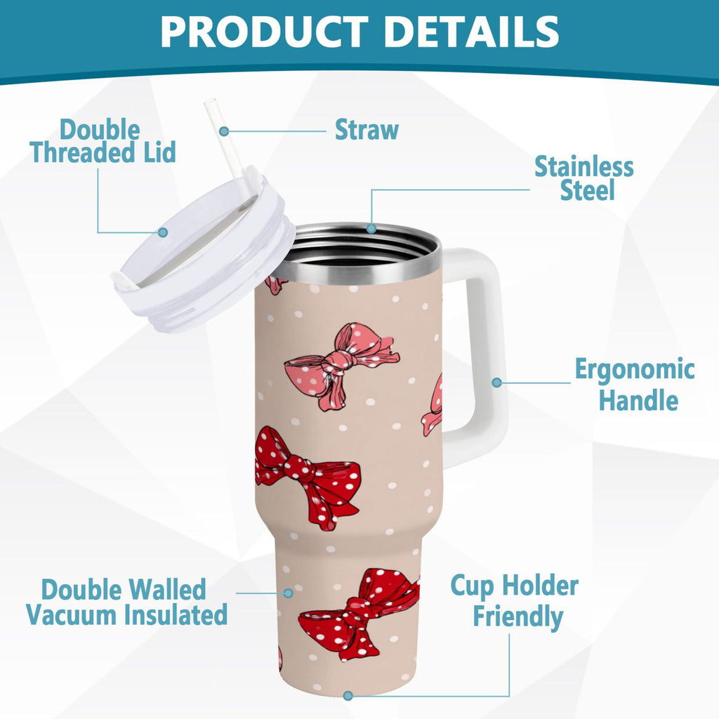 30 oz Insulated Stainless Steel Tumbler Double Wall Stainless Steel Tumbler with 2-Way Drinking Cute Red Bows Pattern