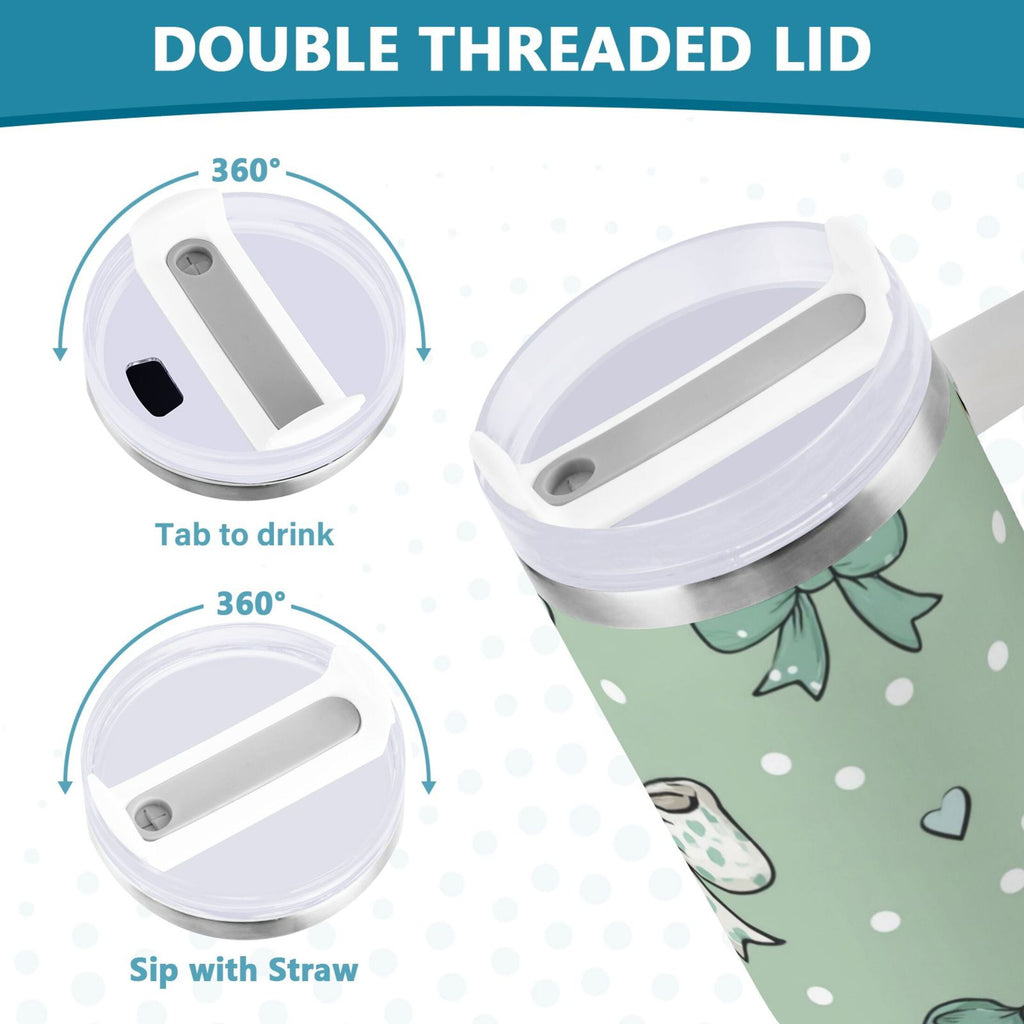 30 oz Insulated Stainless Steel Tumbler Double Wall Stainless Steel Tumbler with 2-Way Drinking Green and Mint Bows