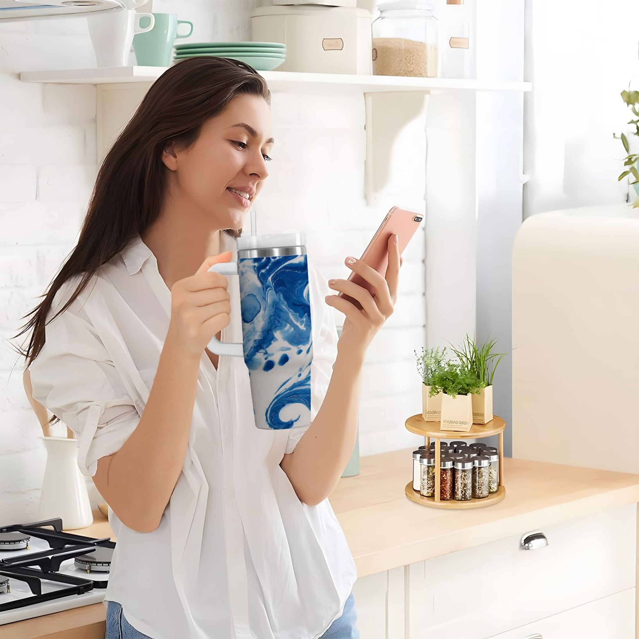 40 oz Insulated Stainless Steel Tumbler Double Wall Stainless Steel Tumbler with 2-Way Drinking Indigo Blue Tie-dye Pattern