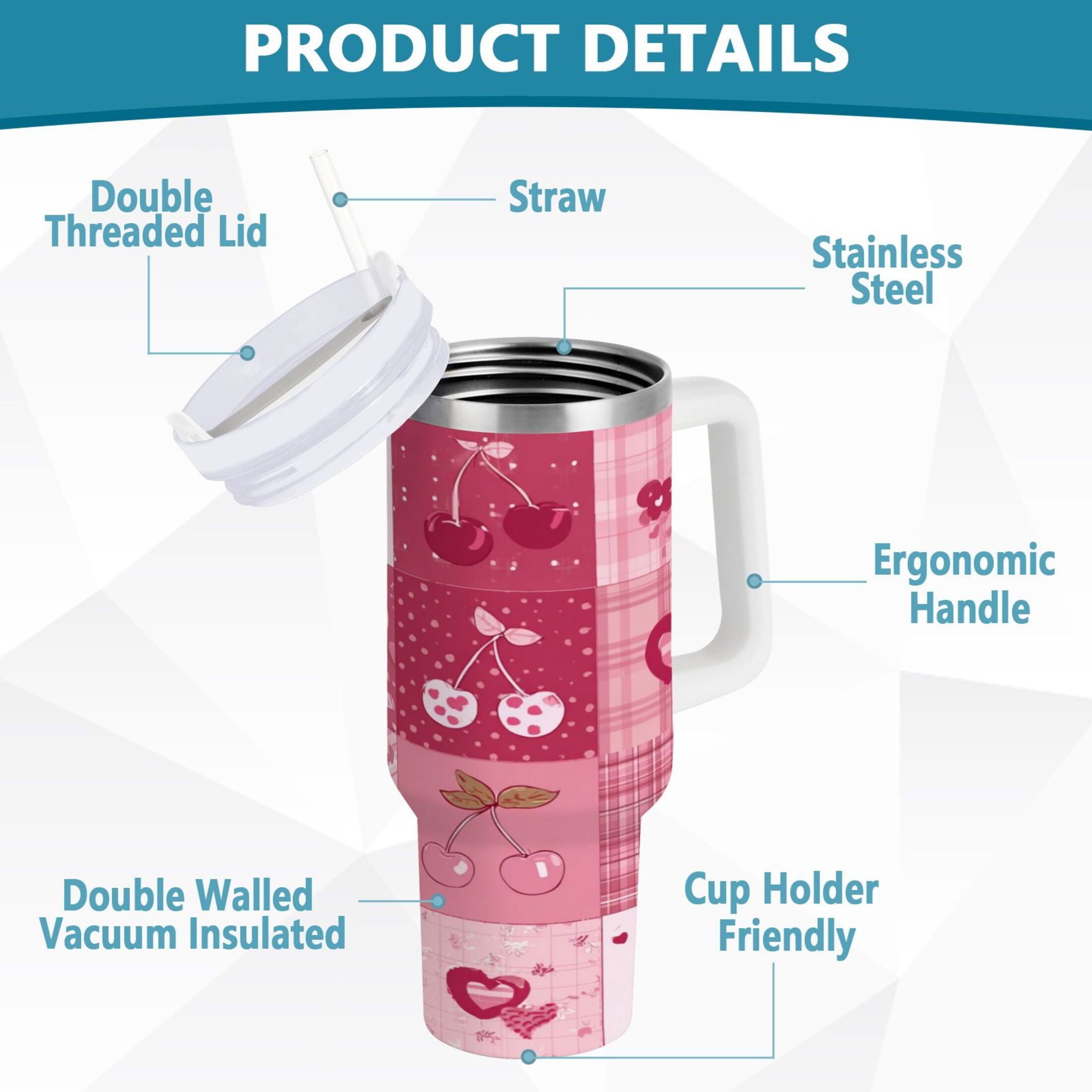 30 oz Insulated Stainless Steel Tumbler Double Wall Stainless Steel Tumbler with 2-Way Drinking Cherry Pattern with Bows