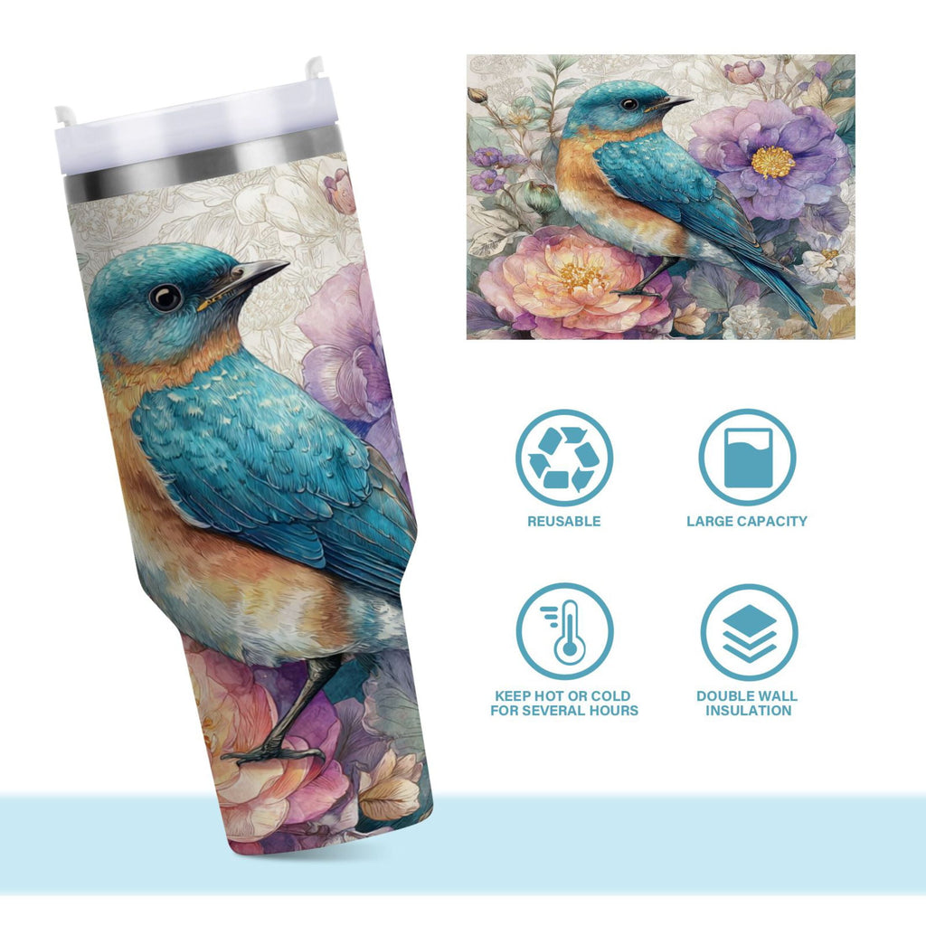 30 oz Insulated Stainless Steel Tumbler Double Wall Stainless Steel Tumbler with 2-Way Drinking Bluebird and Flower