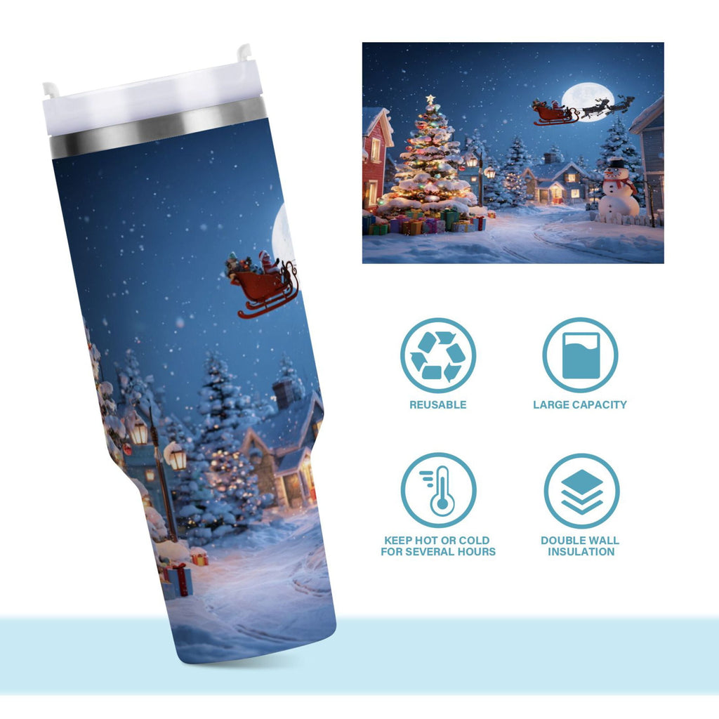 30 oz Insulated Stainless Steel Tumbler Double Wall Stainless Steel Tumbler with 2-Way Drinking Christmas Night Scene