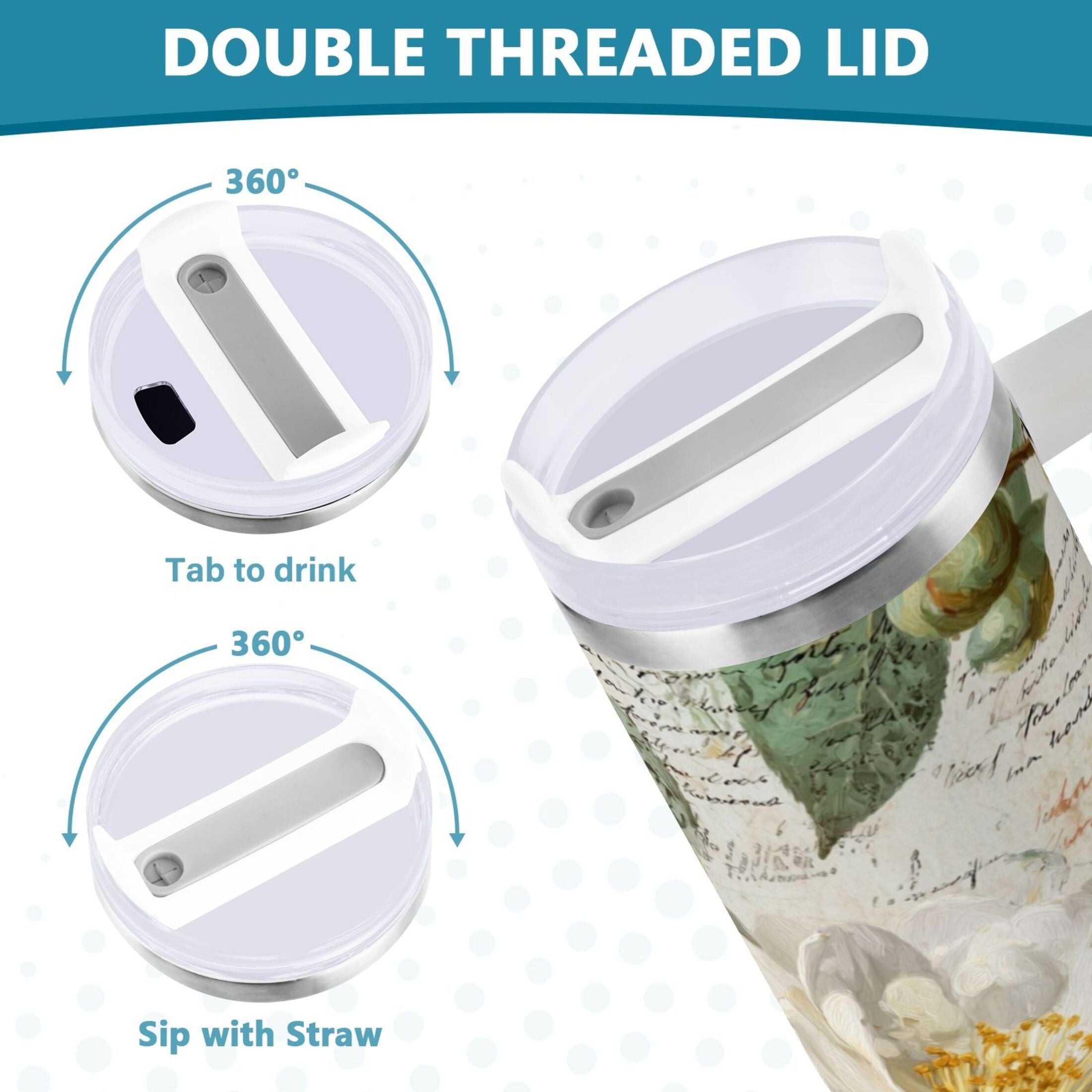 40 oz Insulated Stainless Steel Tumbler Double Wall Stainless Steel Tumbler with 2-Way Drinking Vintage White Camellias