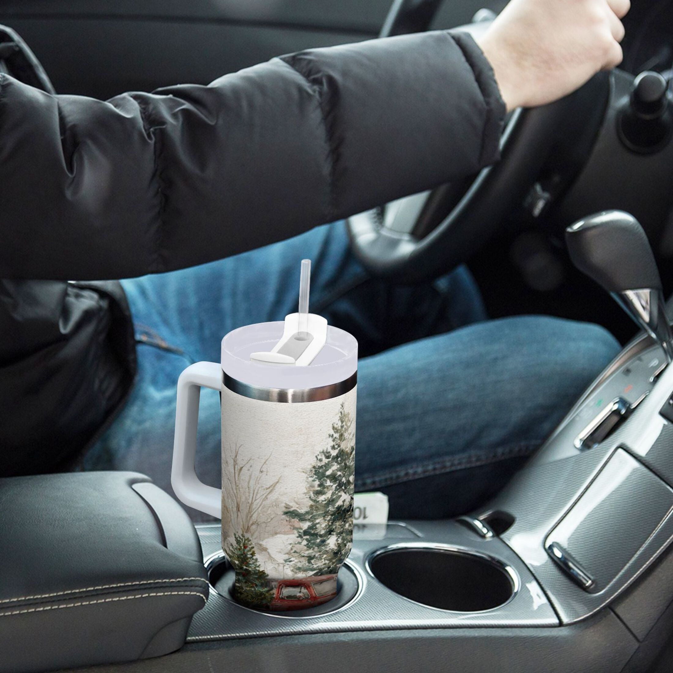 30 oz Insulated Stainless Steel Tumbler Double Wall Stainless Steel Tumbler with 2-Way Drinking Truck with Christmas Decorations