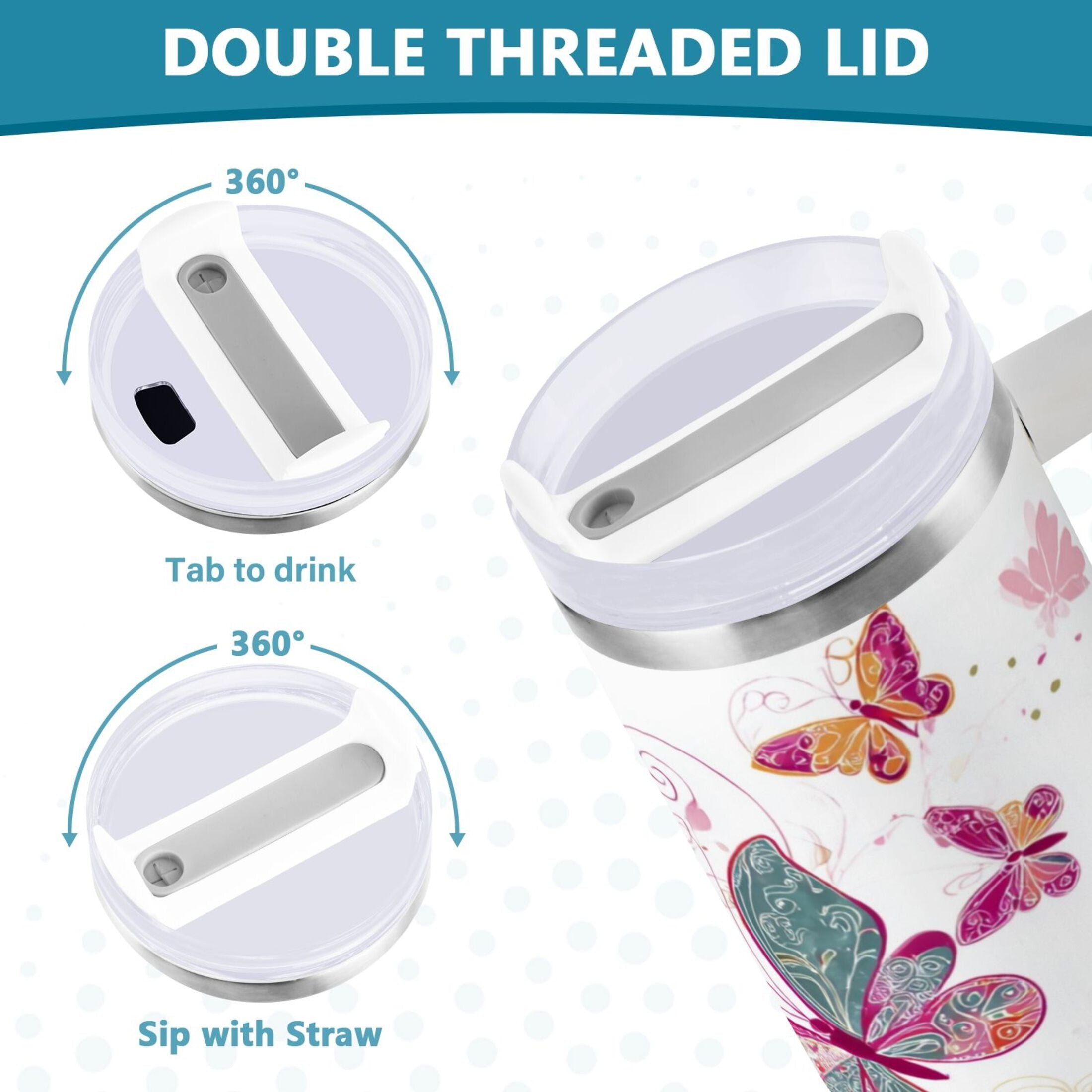 30 oz Insulated Stainless Steel Tumbler Double Wall Stainless Steel Tumbler with 2-Way Drinking Colorful Butterflies