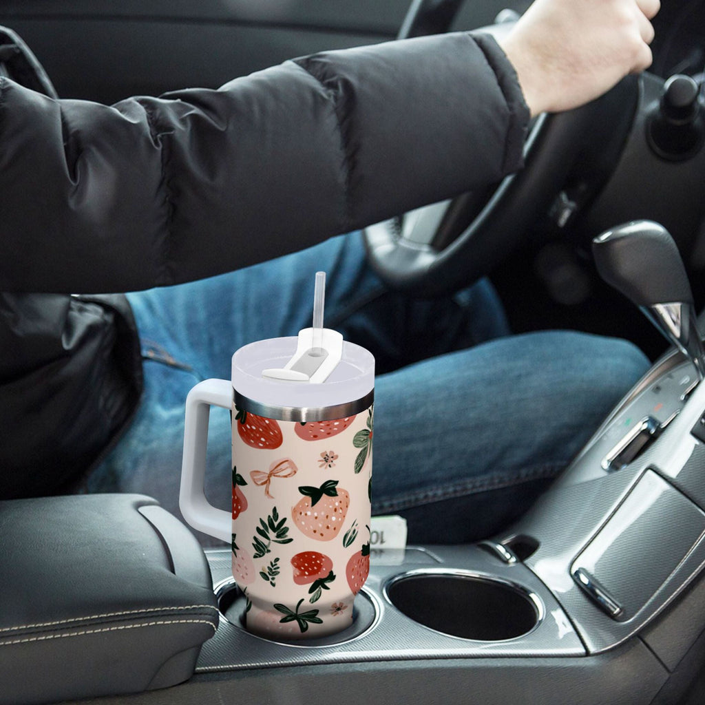 30 oz Insulated Stainless Steel Tumbler Double Wall Stainless Steel Tumbler with 2-Way Drinking Cute Pinks Strawberries