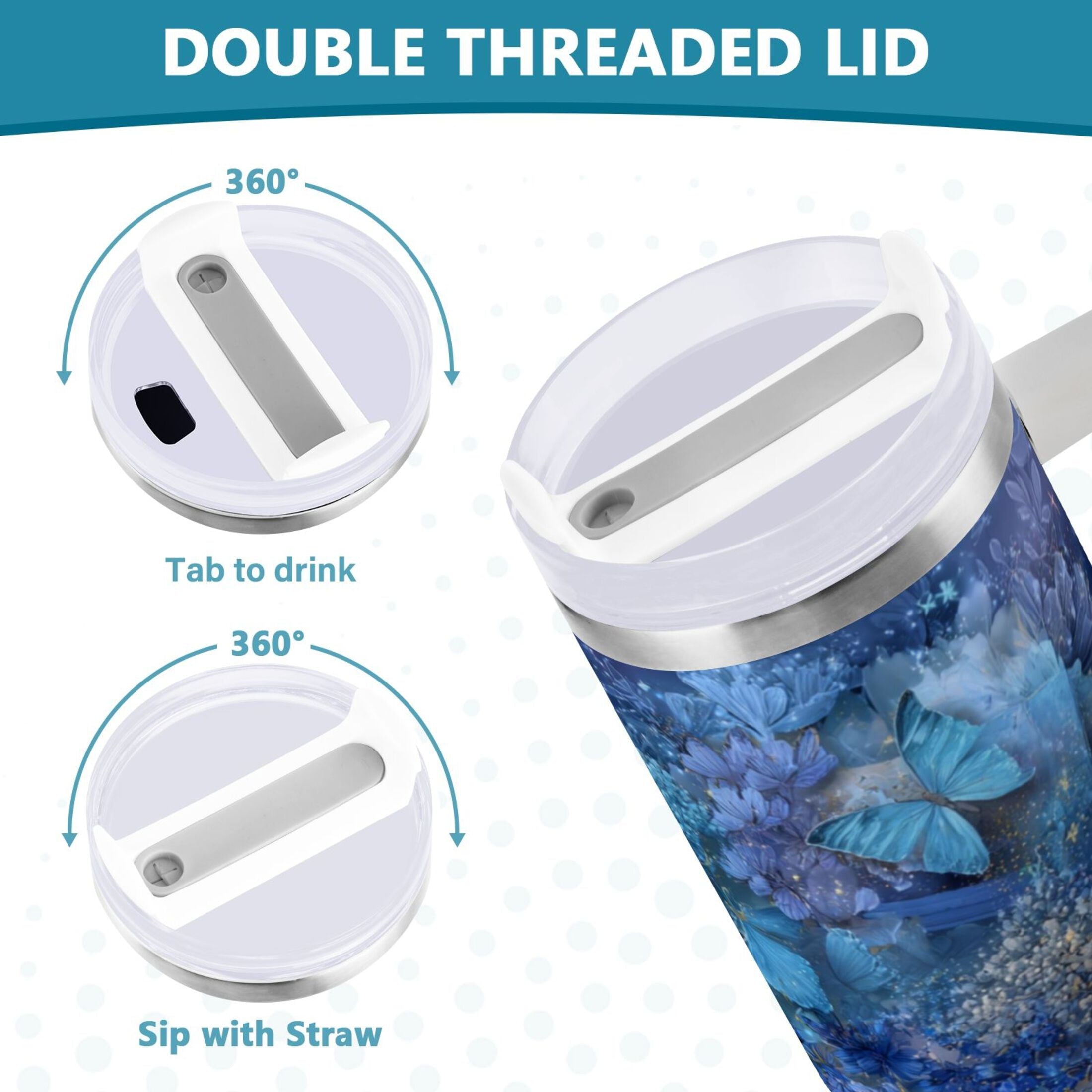 30 oz Insulated Stainless Steel Tumbler Double Wall Stainless Steel Tumbler with 2-Way Drinking Butterflies Books and Flowers