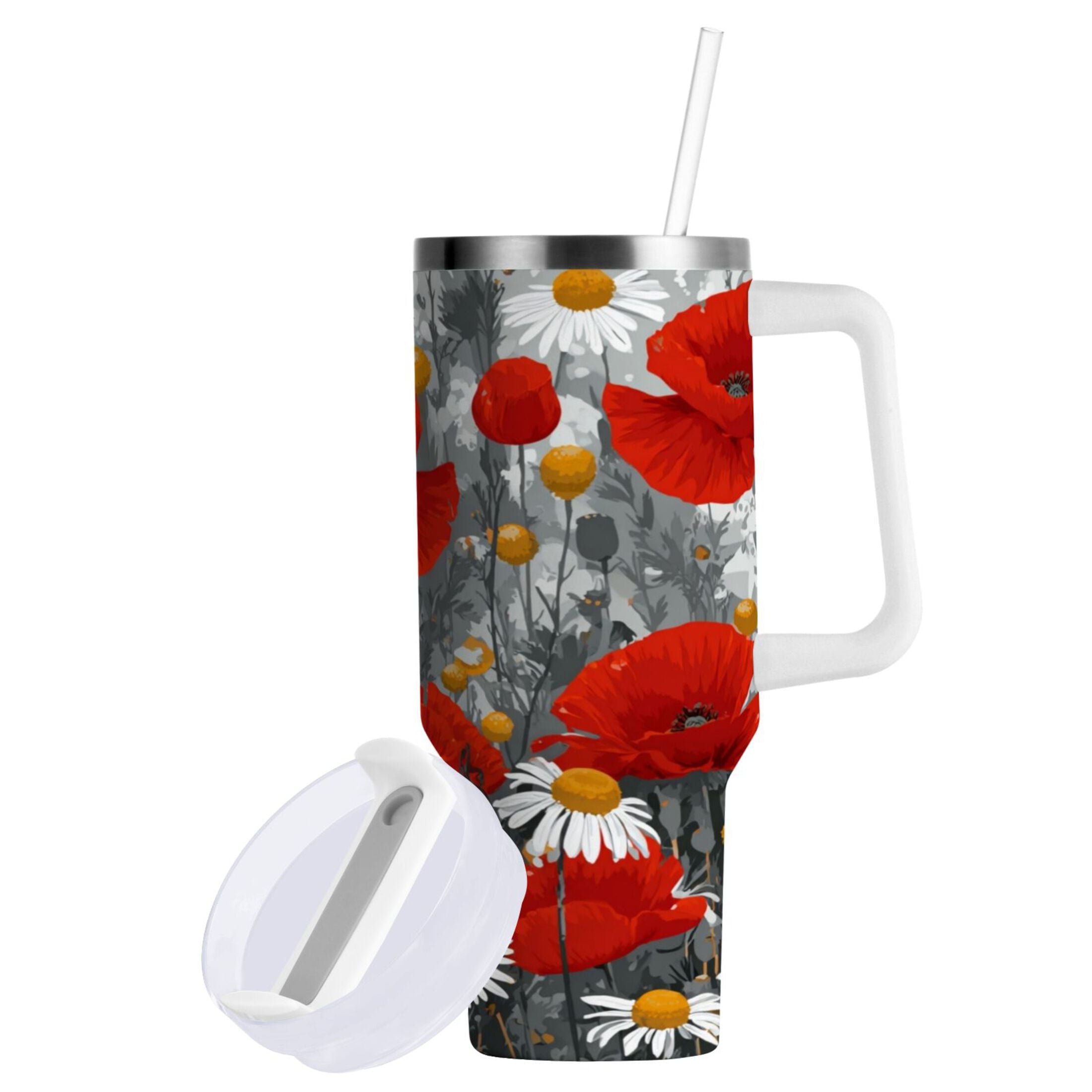 40 oz Insulated Stainless Steel Tumbler Double Wall Stainless Steel Tumbler with 2-Way Drinking Red Flowers and Daisies
