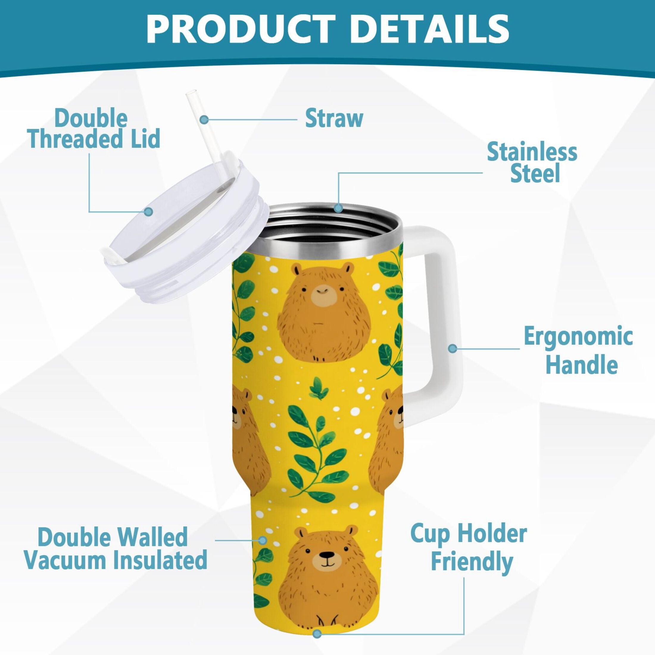 30 oz Insulated Stainless Steel Tumbler Double Wall Stainless Steel Tumbler with 2-Way Drinking Capybara and Green Leaves