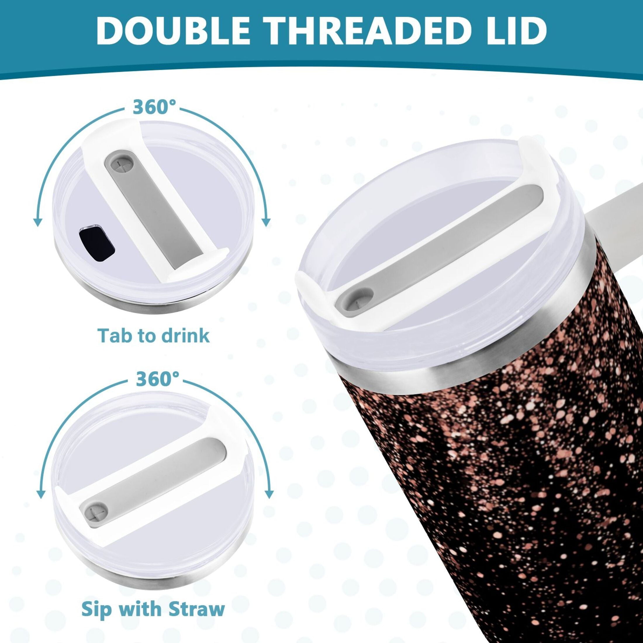 40 oz Insulated Stainless Steel Tumbler Double Wall Stainless Steel Tumbler with 2-Way Drinking Rose Gold Glitter