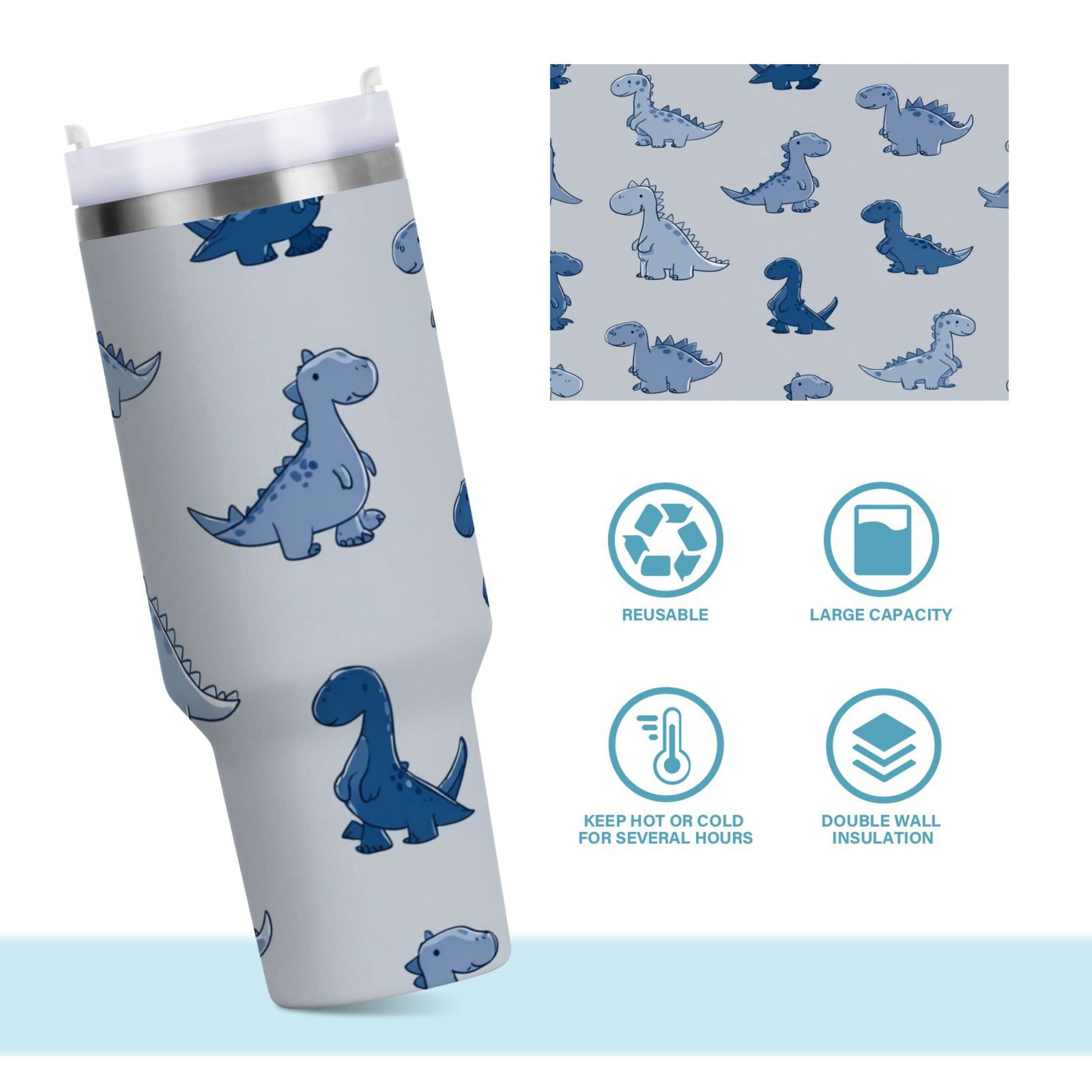30 oz Insulated Stainless Steel Tumbler Double Wall Stainless Steel Tumbler with 2-Way Drinking Cute Blue Dinosaurs