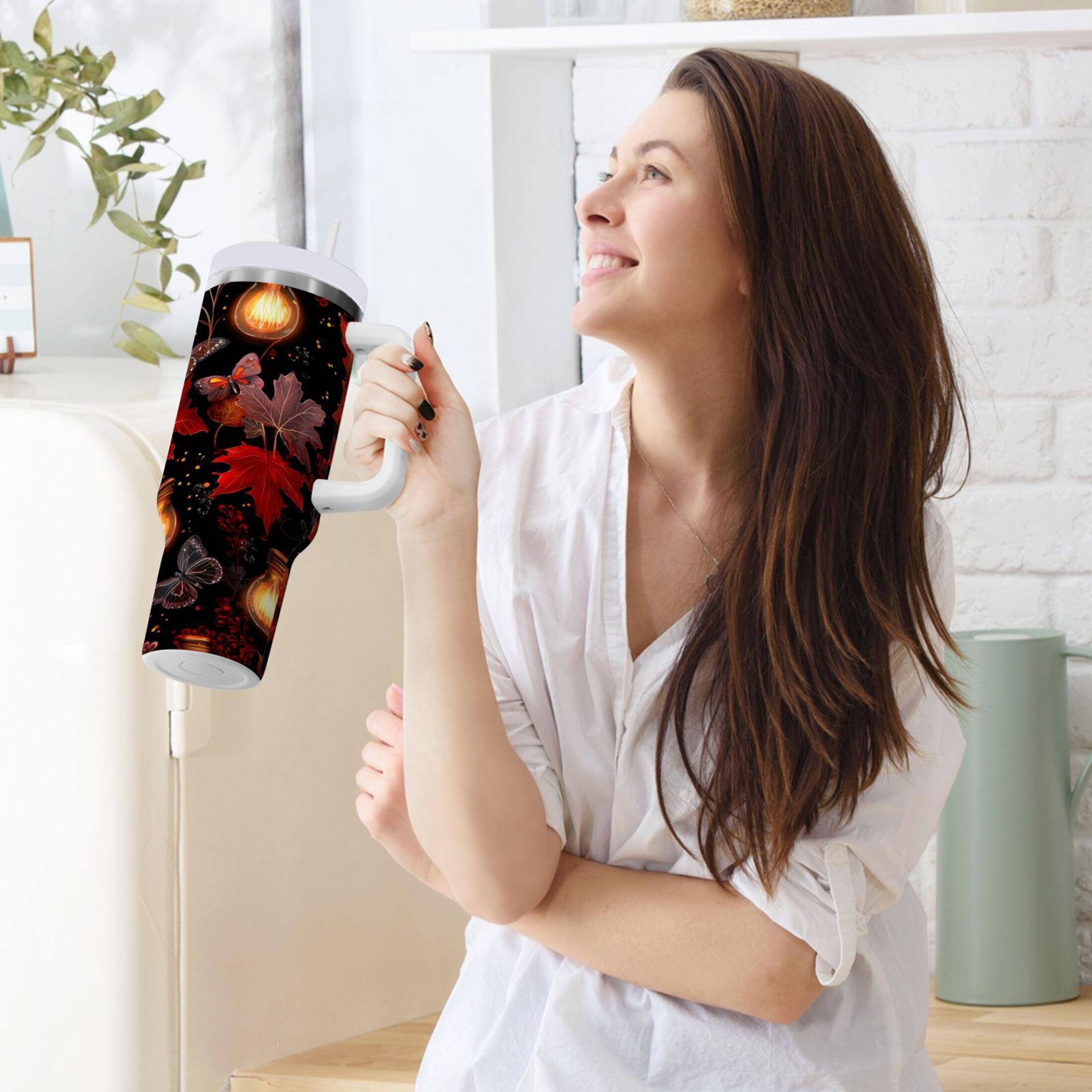 40 oz Insulated Stainless Steel Tumbler Double Wall Stainless Steel Tumbler with 2-Way Drinking Light Bulbs and Maple Leaves