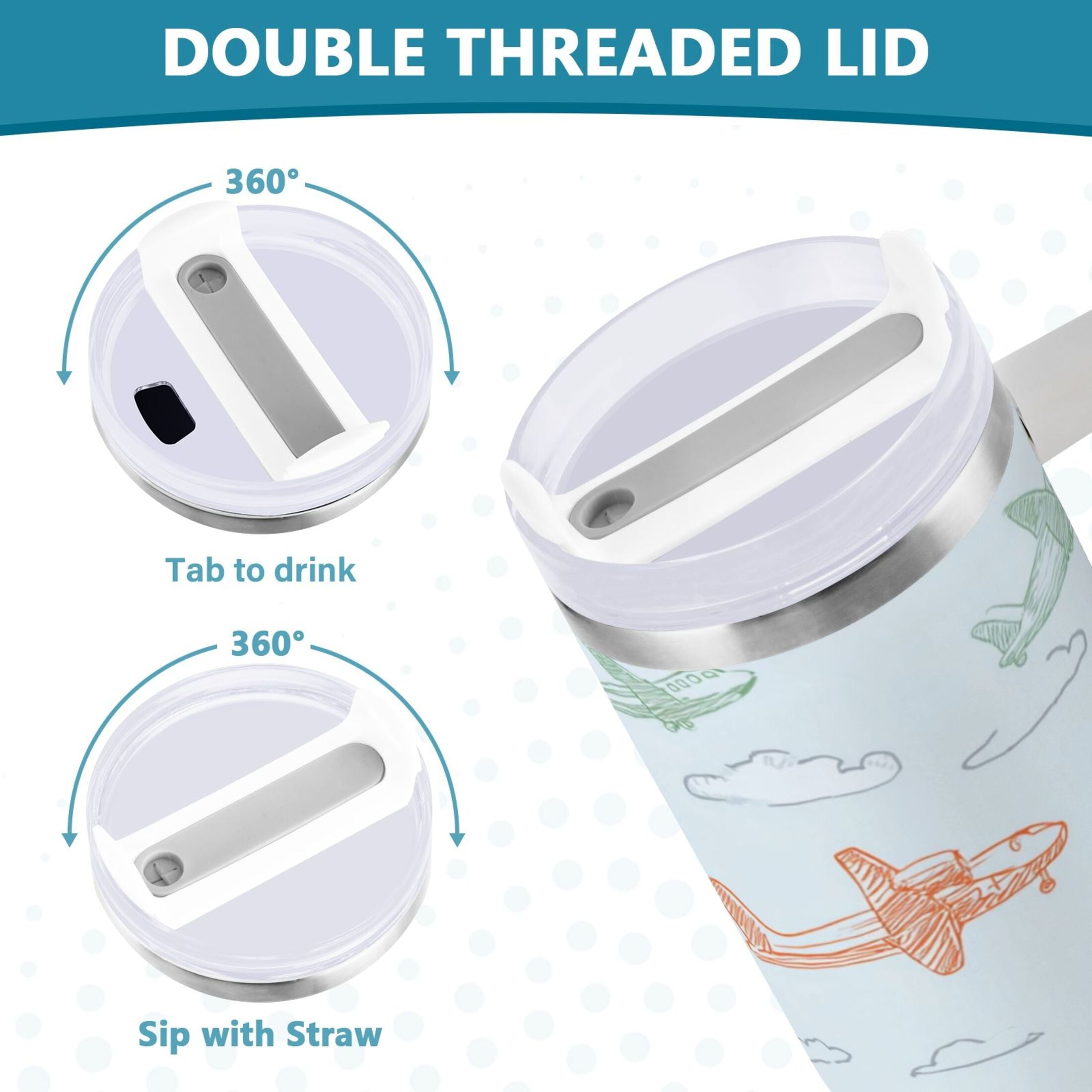 30 oz Insulated Stainless Steel Tumbler Double Wall Stainless Steel Tumbler with 2-Way Drinking Pastel Doodle Airplanes