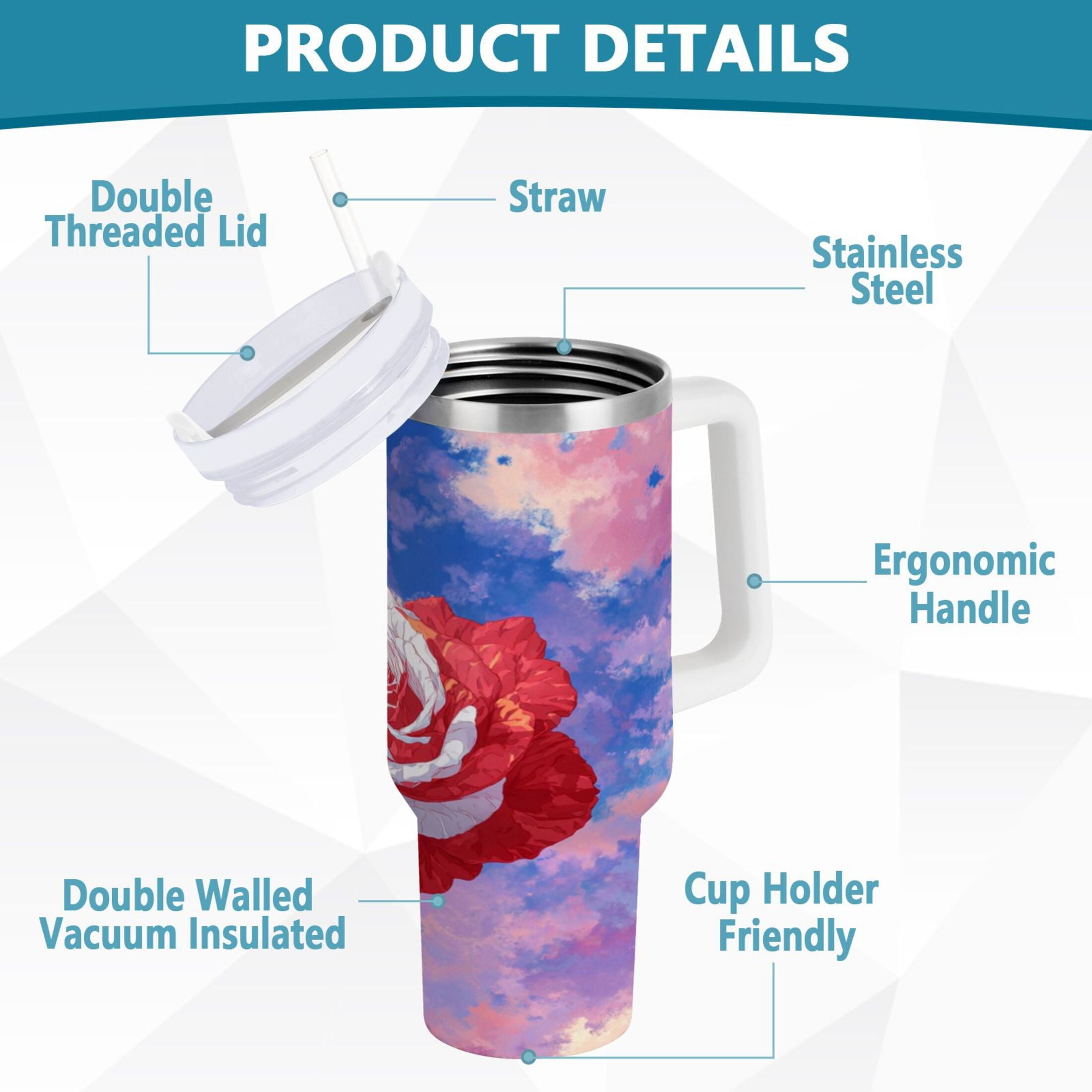 30 oz Insulated Stainless Steel Tumbler Double Wall Stainless Steel Tumbler with 2-Way Drinking Rose with Flag Pattern