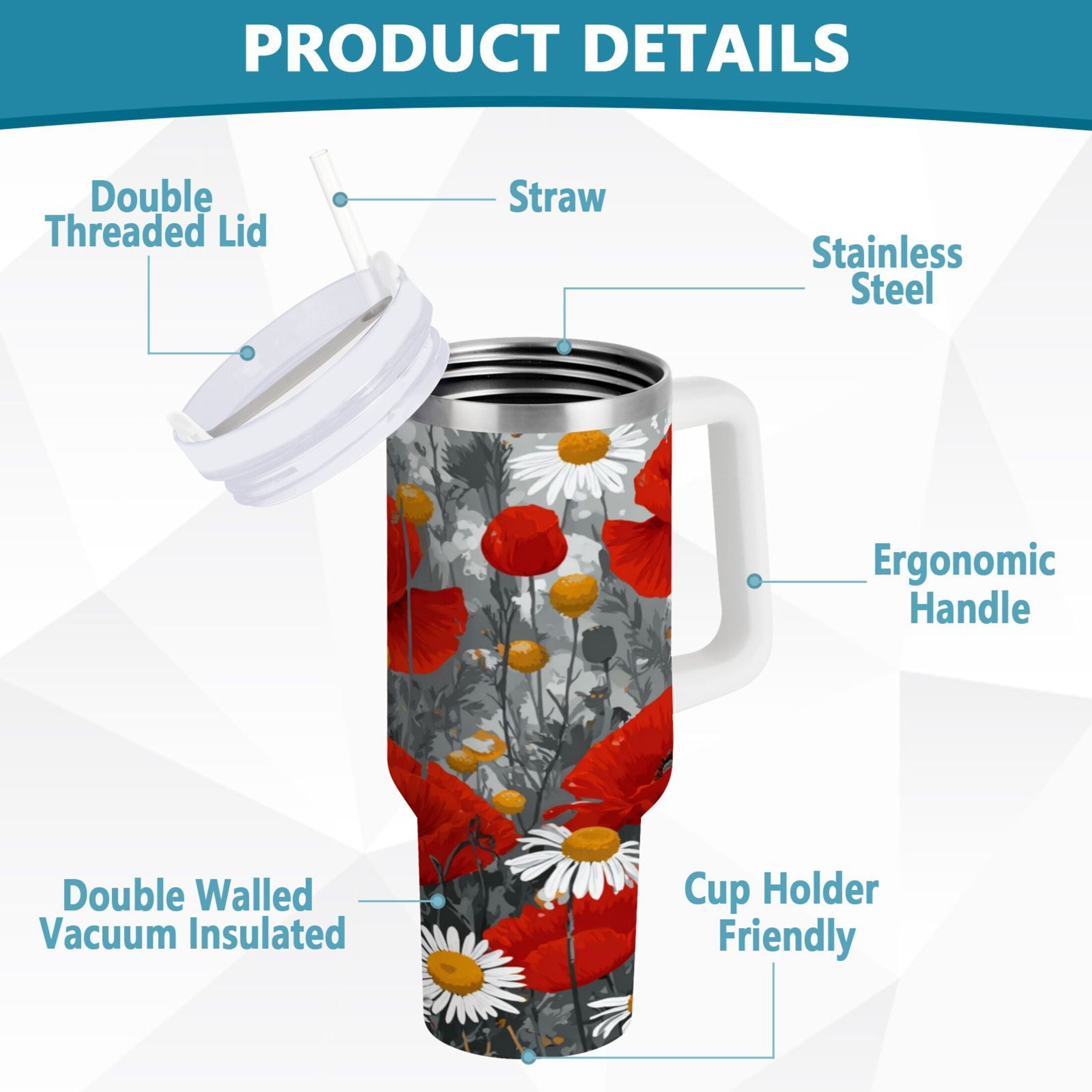 40 oz Insulated Stainless Steel Tumbler Double Wall Stainless Steel Tumbler with 2-Way Drinking Red Flowers and Daisies