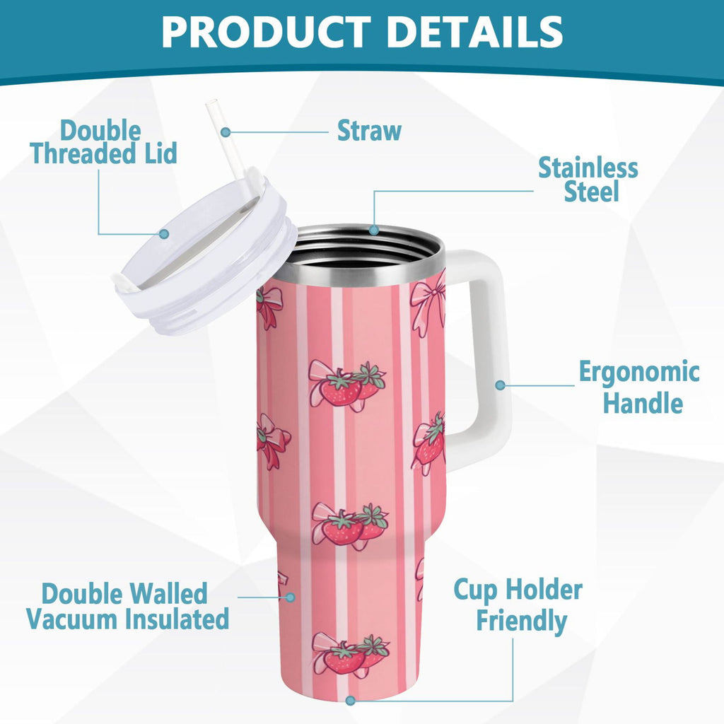30 oz Insulated Stainless Steel Tumbler Double Wall Stainless Steel Tumbler with 2-Way Drinking Pink Bows and Strawberries