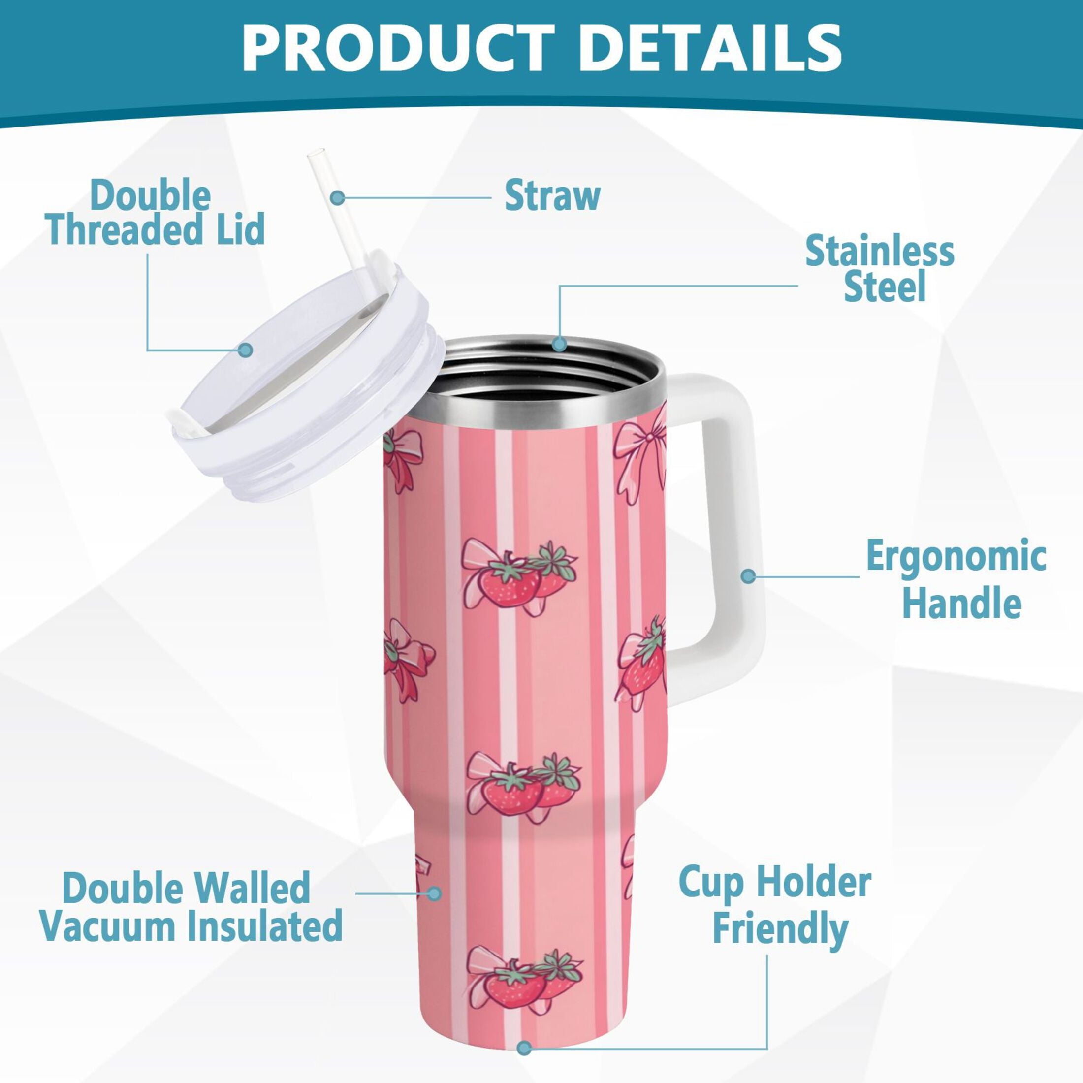 30 oz Insulated Stainless Steel Tumbler Double Wall Stainless Steel Tumbler with 2-Way Drinking Pink Bows and Strawberries