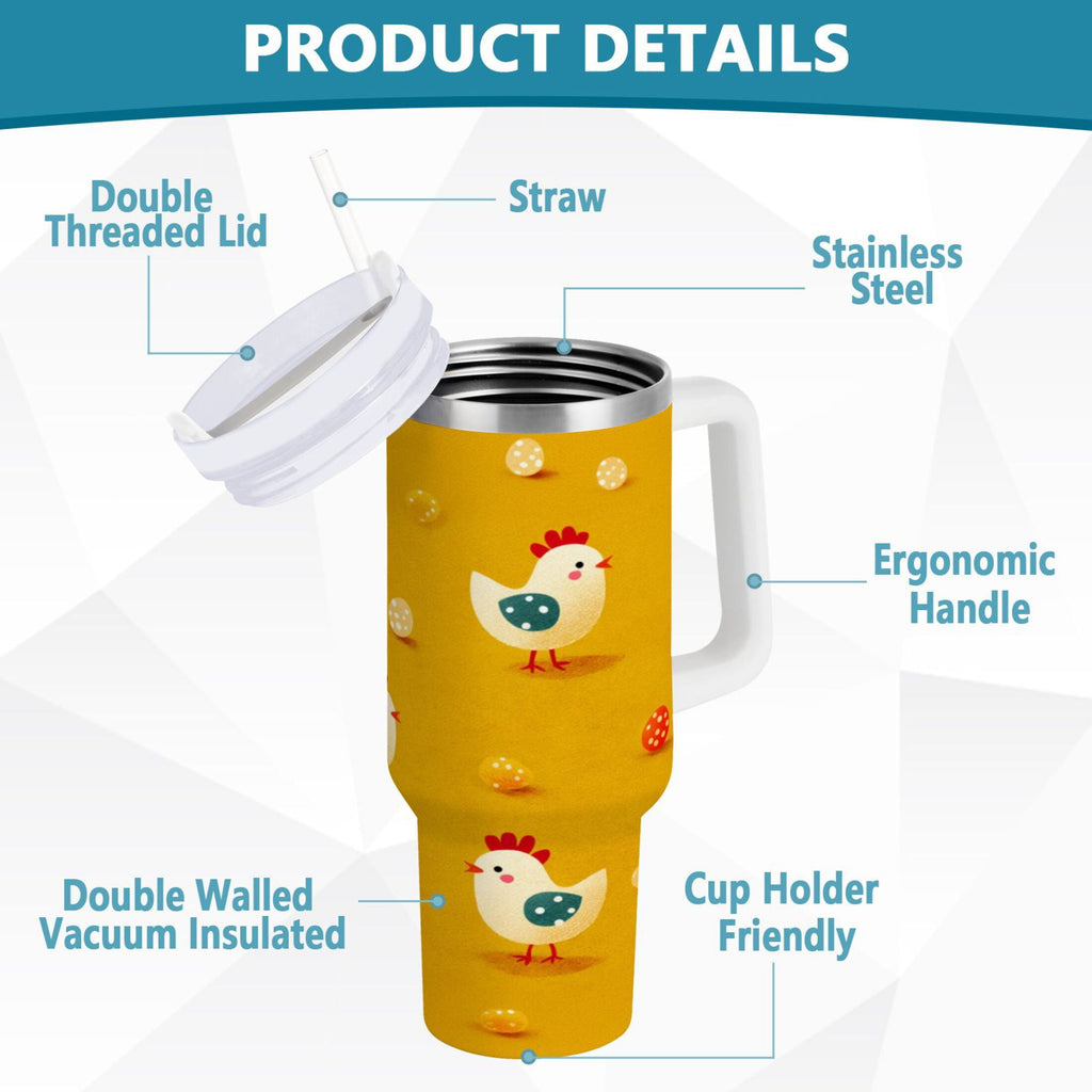 30 oz Insulated Stainless Steel Tumbler Double Wall Stainless Steel Tumbler with 2-Way Drinking Cartoon Chickens Pattern