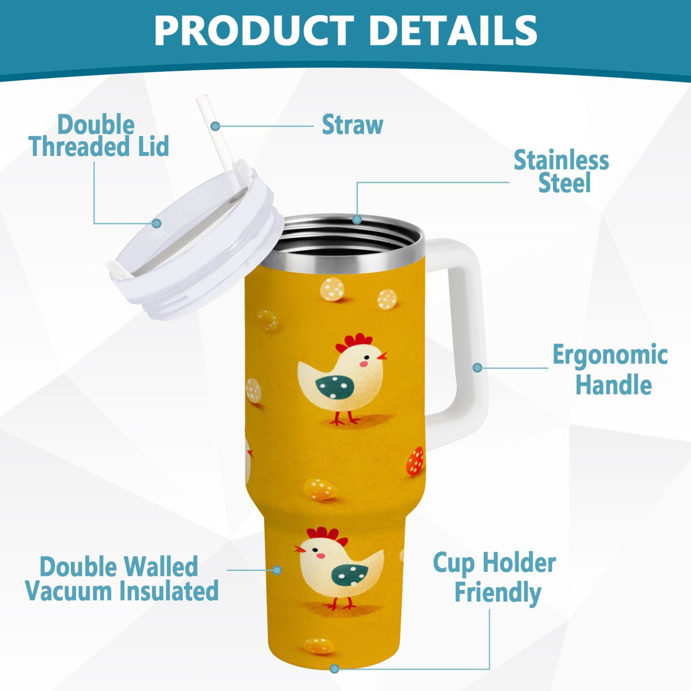 30 oz Insulated Stainless Steel Tumbler Double Wall Stainless Steel Tumbler with 2-Way Drinking Cartoon Chickens Pattern