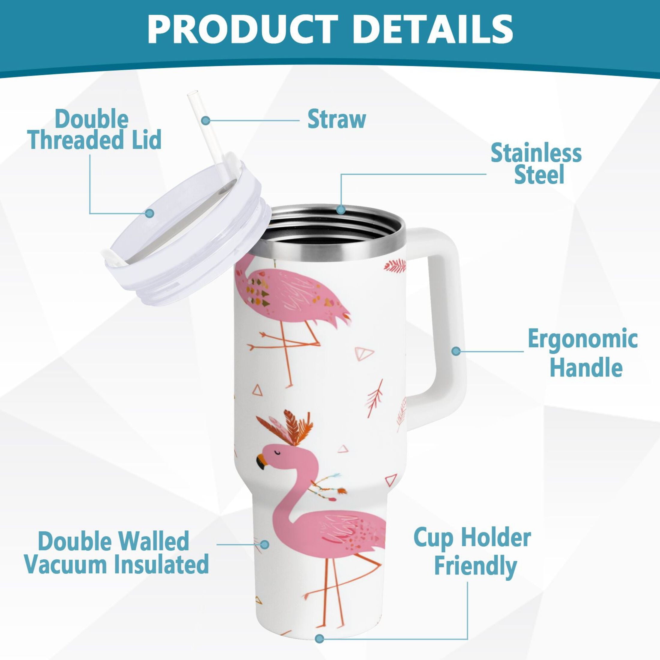 40 oz Insulated Stainless Steel Tumbler Double Wall Stainless Steel Tumbler with 2-Way Drinking Cute Pink Flamingo Pattern