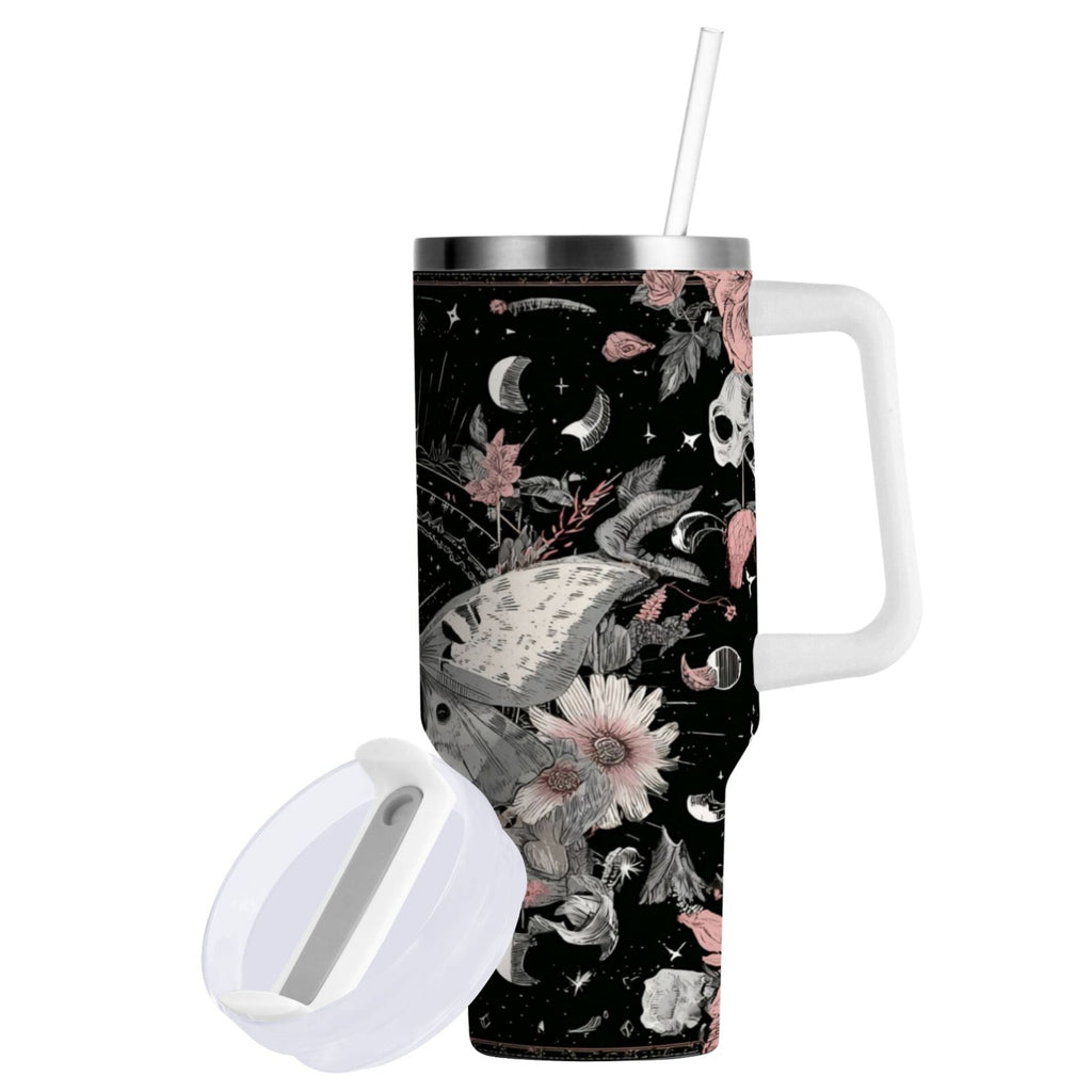40 oz Insulated Stainless Steel Tumbler Double Wall Stainless Steel Tumbler with 2-Way Drinking Butterfly Surrounded by Flowers