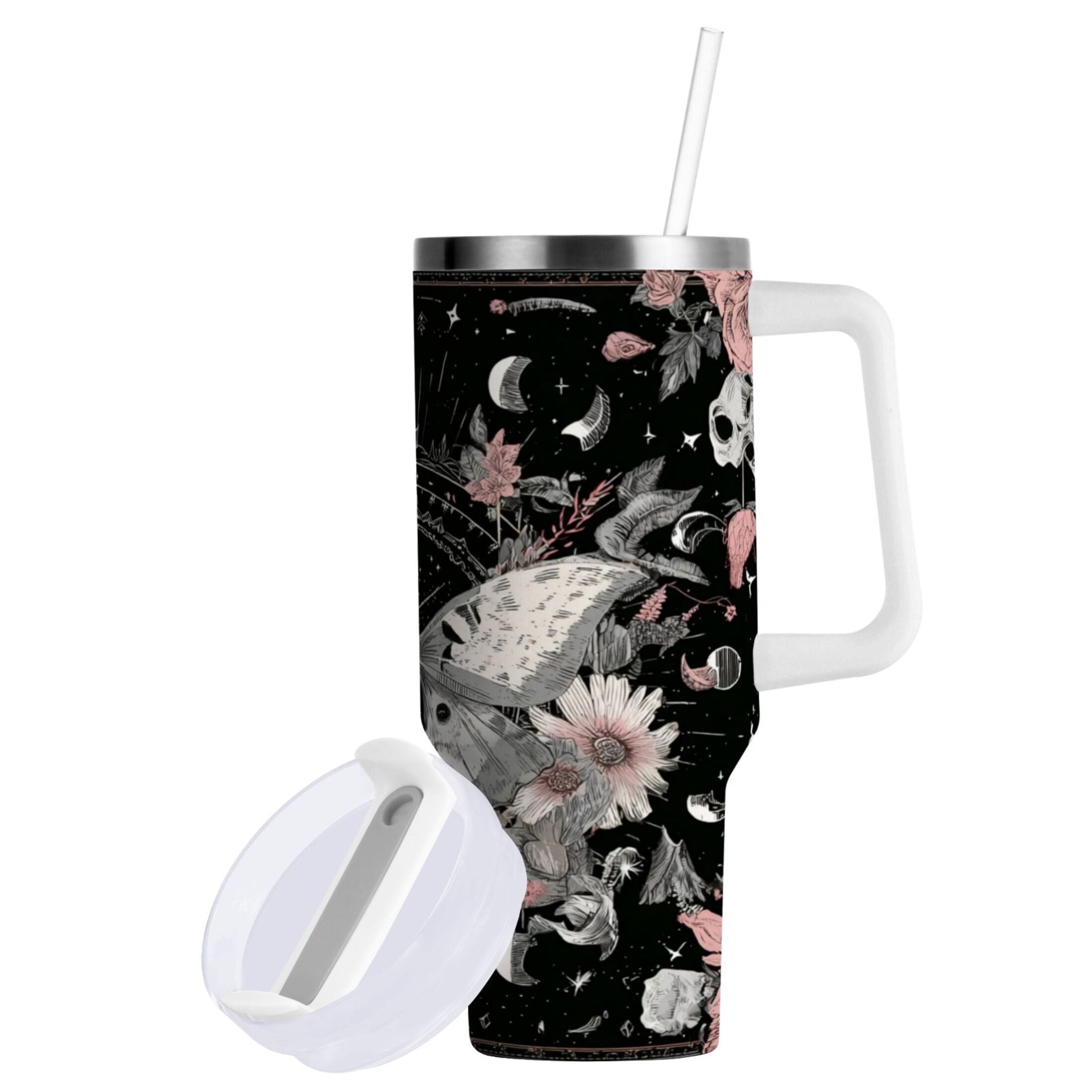 40 oz Insulated Stainless Steel Tumbler Double Wall Stainless Steel Tumbler with 2-Way Drinking Butterfly Surrounded by Flowers