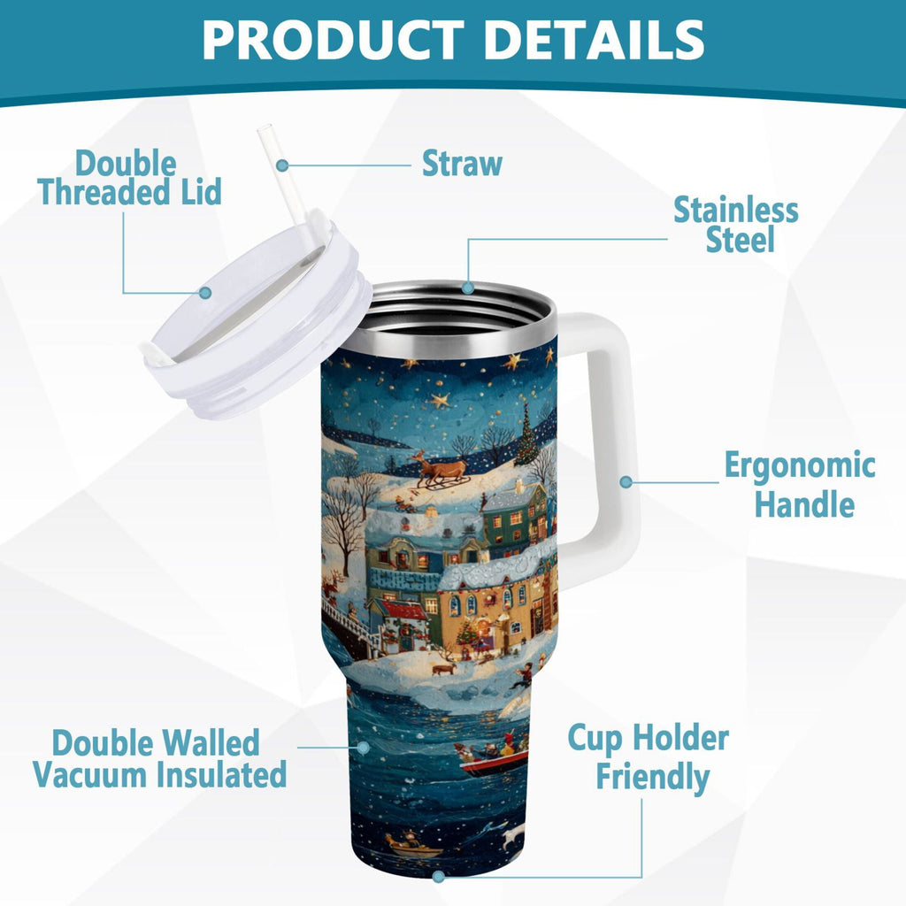 30 oz Insulated Stainless Steel Tumbler Double Wall Stainless Steel Tumbler with 2-Way Drinking Whimsical Christmas Scene