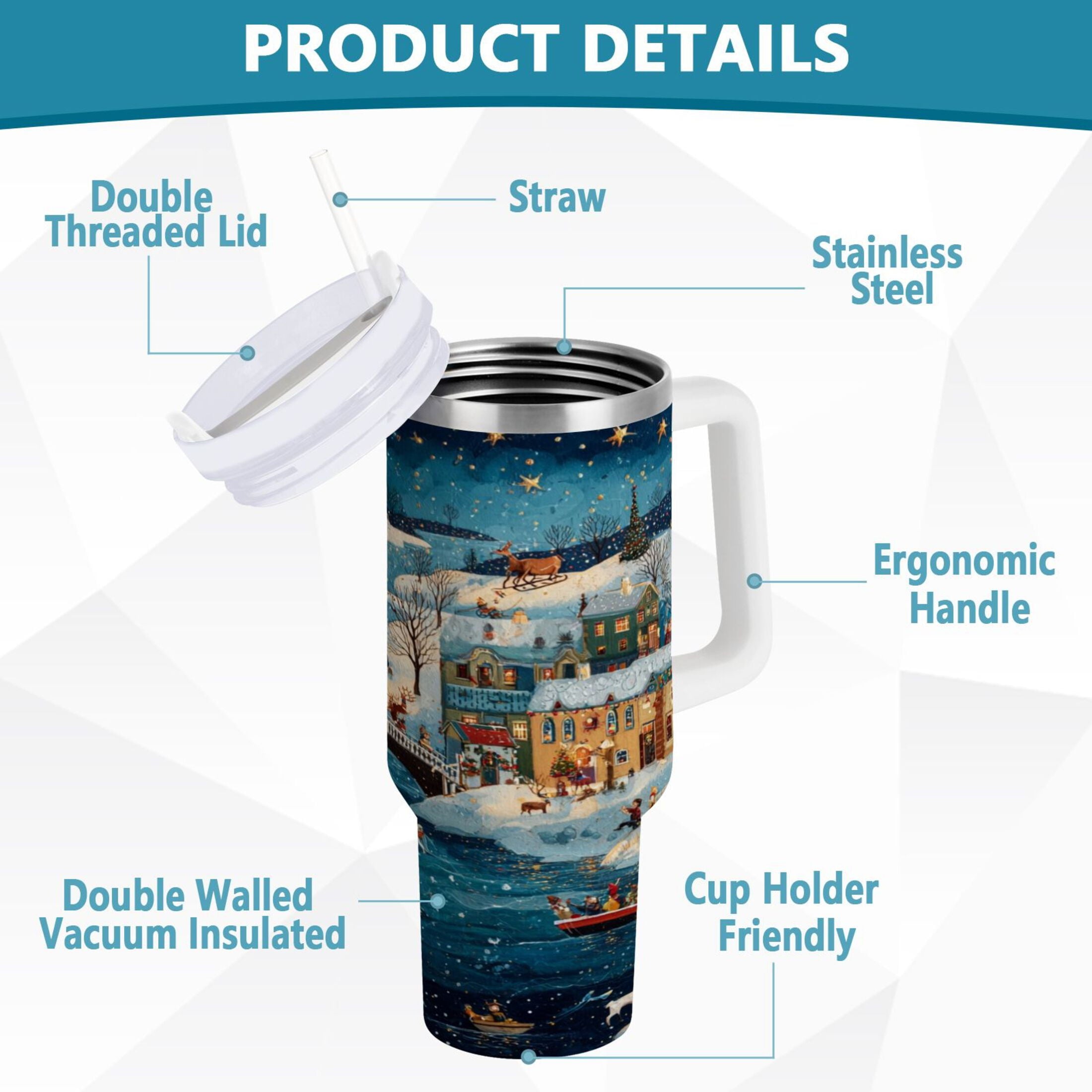 30 oz Insulated Stainless Steel Tumbler Double Wall Stainless Steel Tumbler with 2-Way Drinking Whimsical Christmas Scene