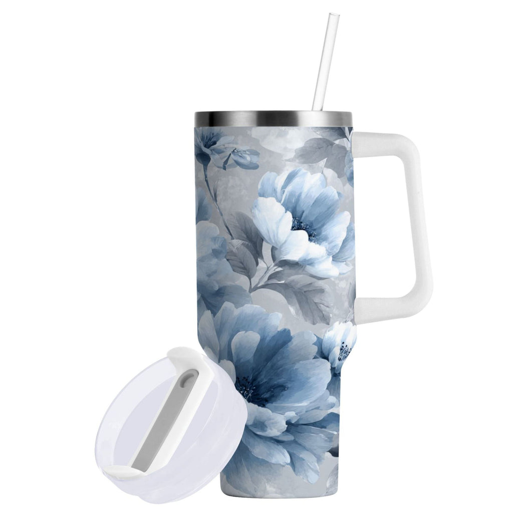40 oz Insulated Stainless Steel Tumbler Double Wall Stainless Steel Tumbler with 2-Way Drinking White Floral Pattern