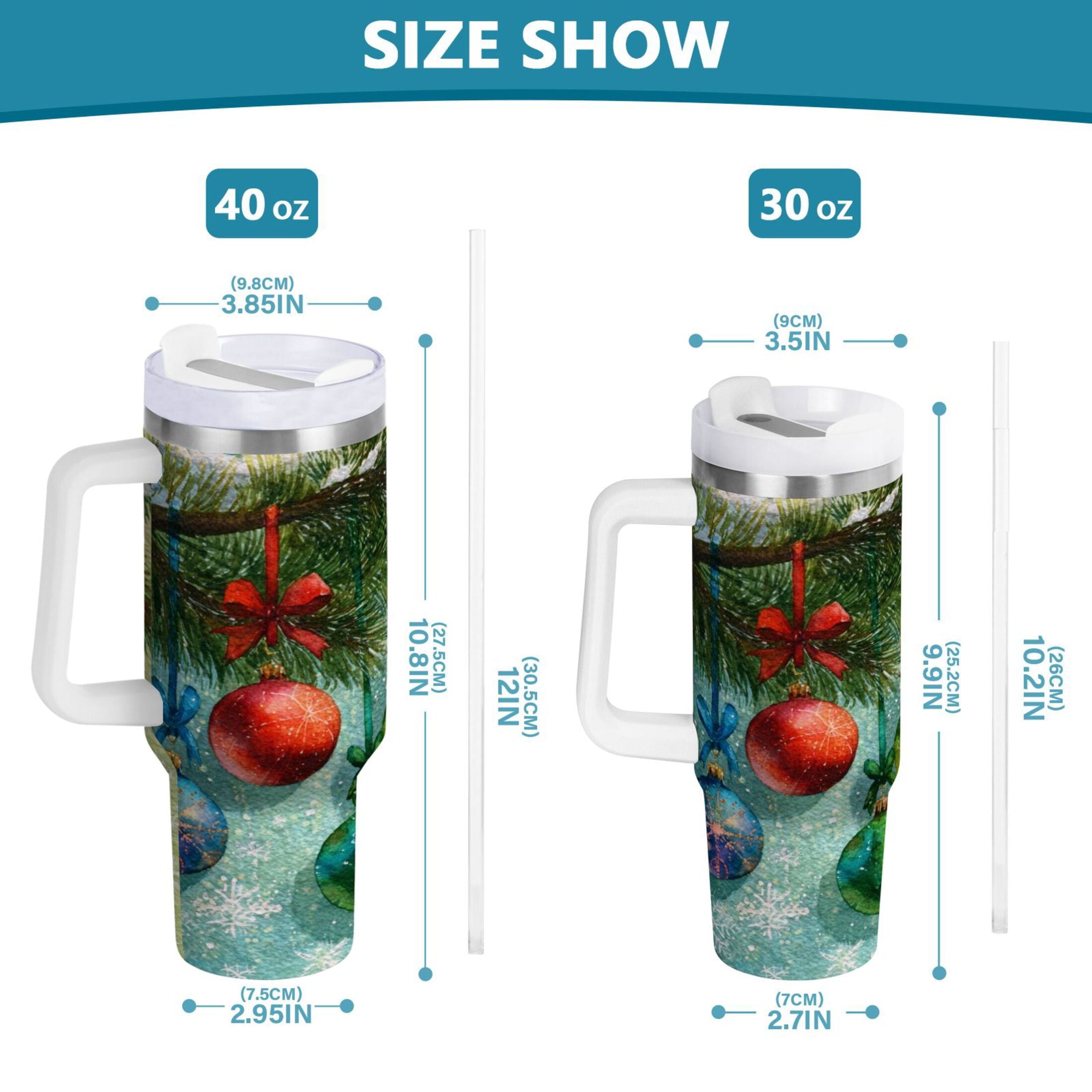 30 oz Insulated Stainless Steel Tumbler Double Wall Stainless Steel Tumbler with 2-Way Drinking Christmas Ornaments Watercolor Painting